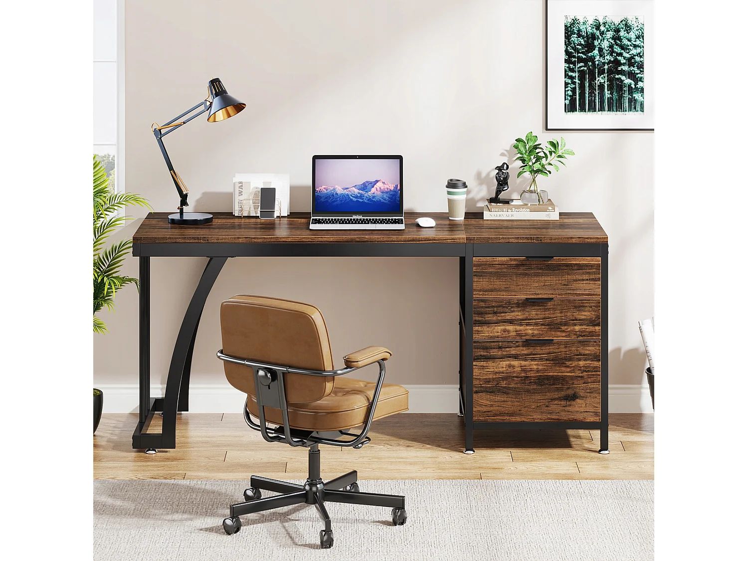 Bureau d'ordinateur avec 3 tiroirs, 150 cm, avec tiroirs réversibles, bureau industriel avec plateau de rangement, marron rustique