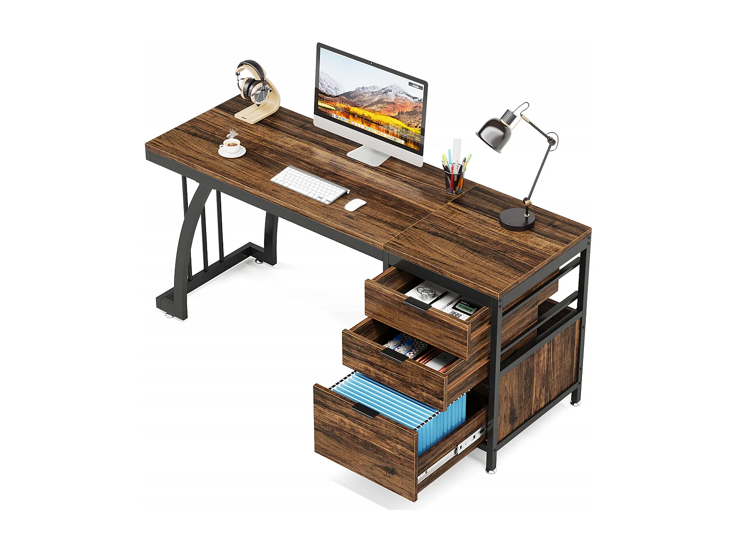Bureau d'ordinateur avec 3 tiroirs, 150 cm, avec tiroirs réversibles, bureau industriel avec plateau de rangement, marron rustique