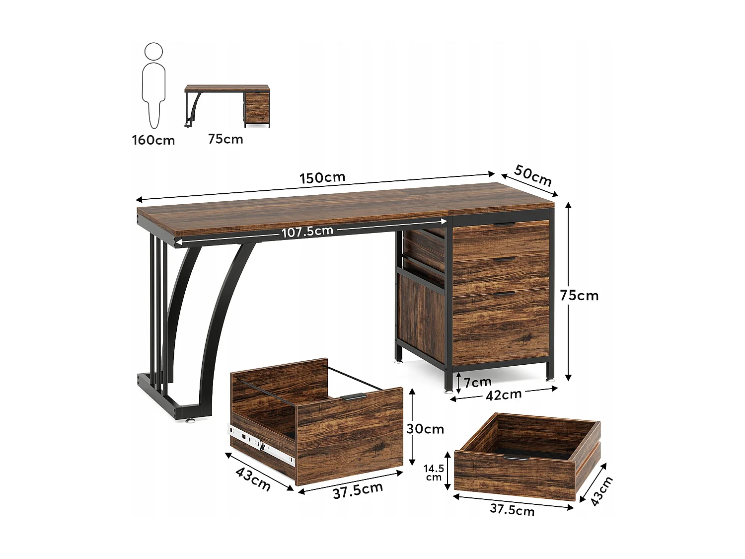 Bureau d'ordinateur avec 3 tiroirs, 150 cm, avec tiroirs réversibles, bureau industriel avec plateau de rangement, marron rustique