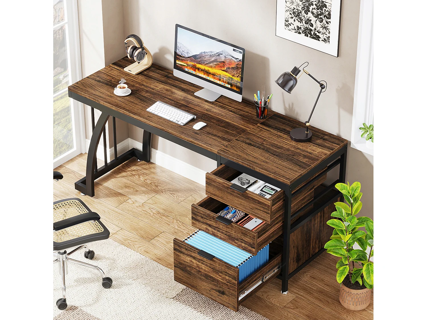 Bureau d'ordinateur avec 3 tiroirs, 150 cm, avec tiroirs réversibles, bureau industriel avec plateau de rangement, marron rustique