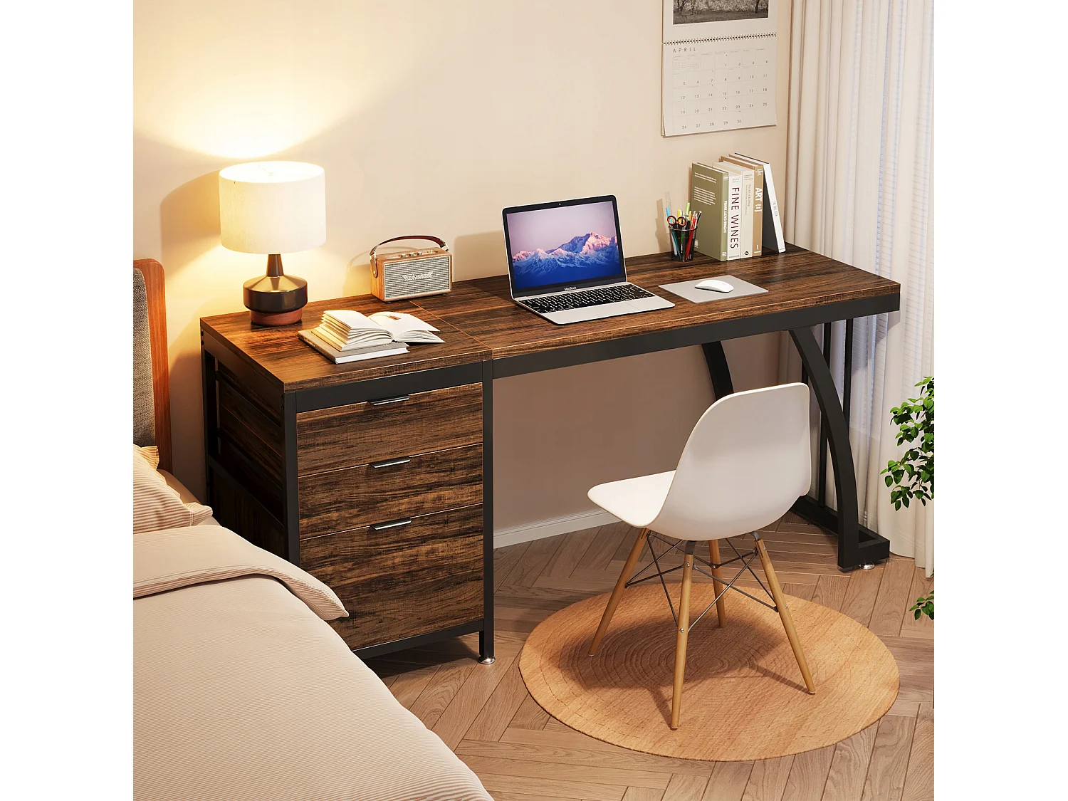 Bureau d'ordinateur avec 3 tiroirs, 150 cm, avec tiroirs réversibles, bureau industriel avec plateau de rangement, marron rustique
