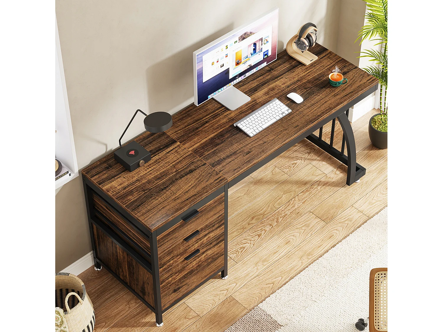 Bureau d'ordinateur avec 3 tiroirs, 150 cm, avec tiroirs réversibles, bureau industriel avec plateau de rangement, marron rustique