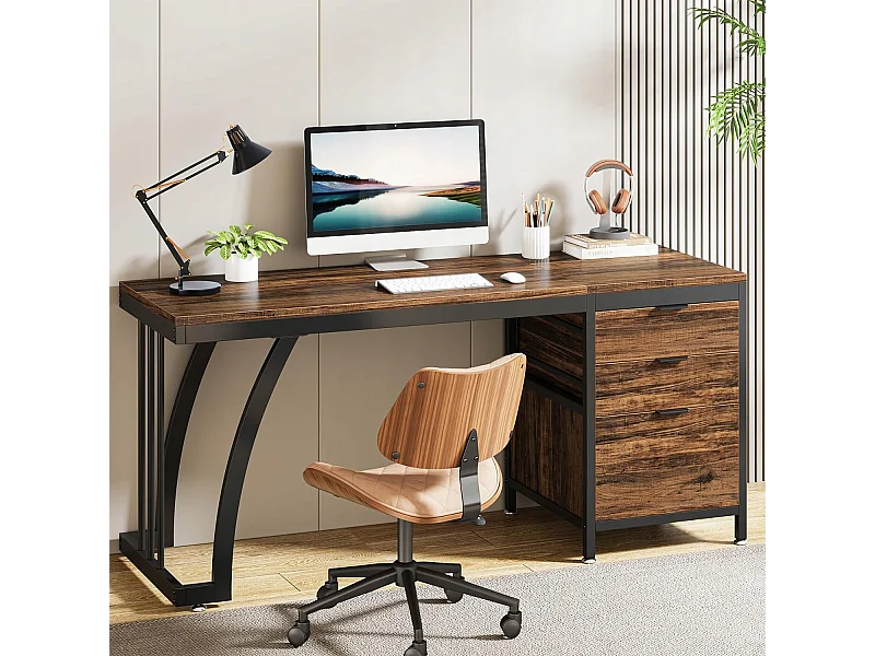 Bureau d'ordinateur avec 3 tiroirs, 150 cm, avec tiroirs réversibles, bureau industriel avec plateau de rangement, marron rustique