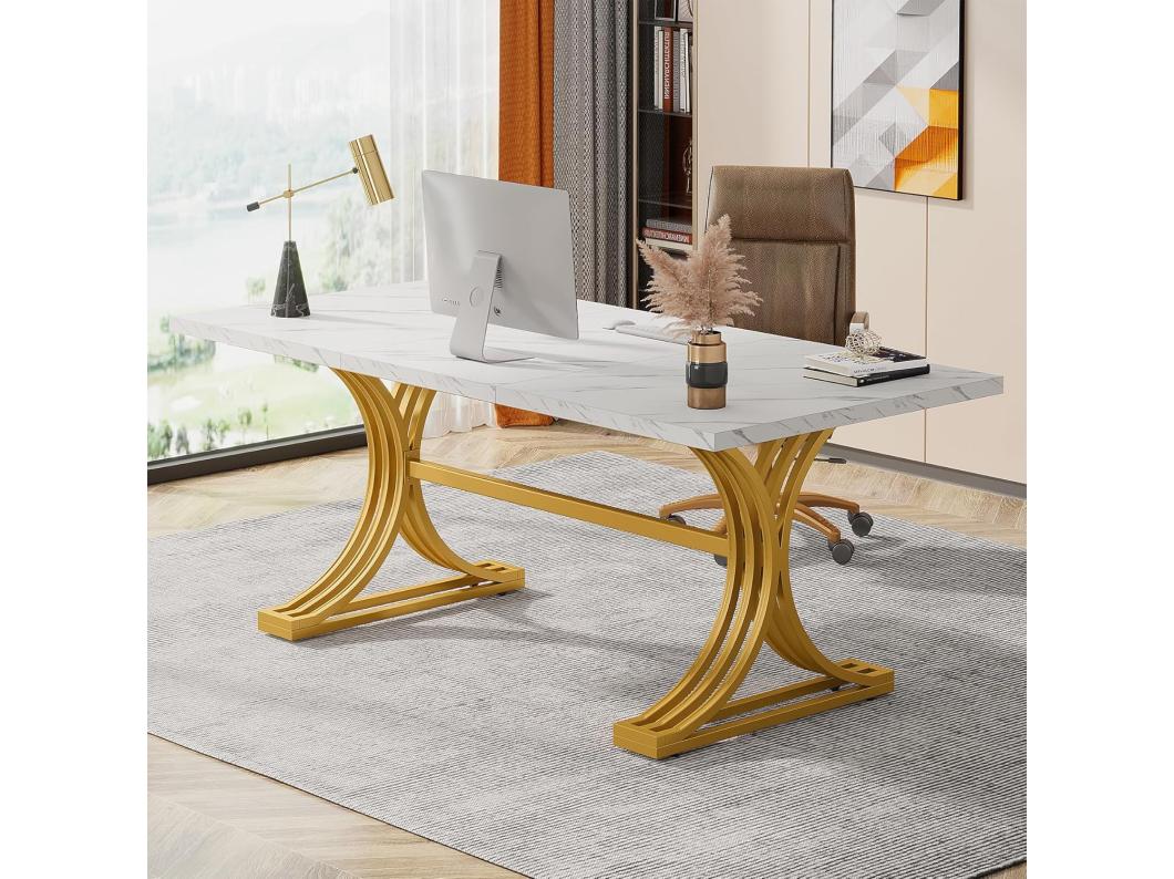 Mesa de ordenador de escritorio, 160 x 80 x 75 cm, moderna mesa de oficina, mesa de trabajo para PC, mesa de comedor, blanca y dorada