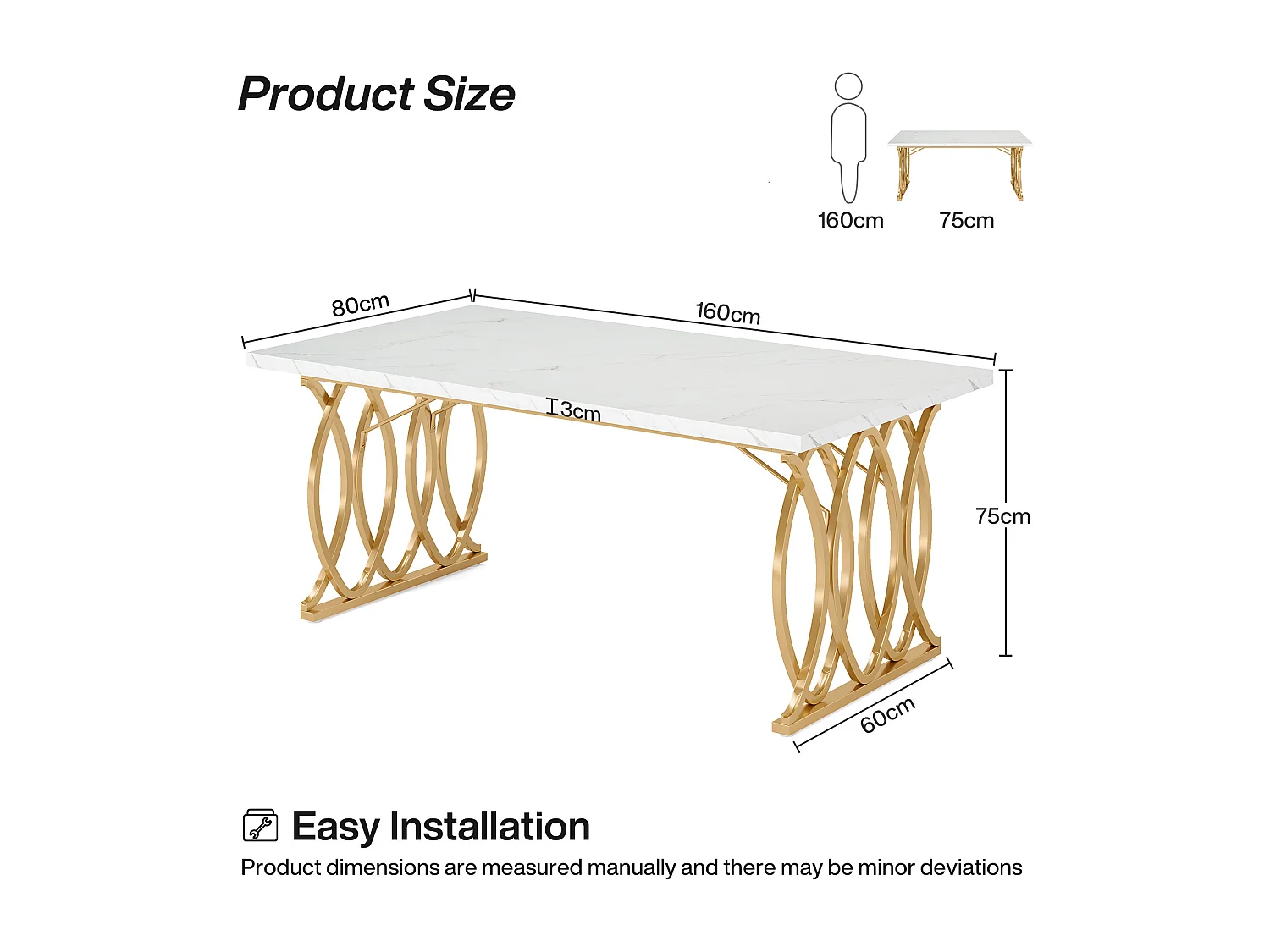 Bureau d'ordinateur, 160 cm Table de Bureau Informatique Table d'Étude Moderne PC Table de Travail Table de Salle à Manger avec Jambes d'or
