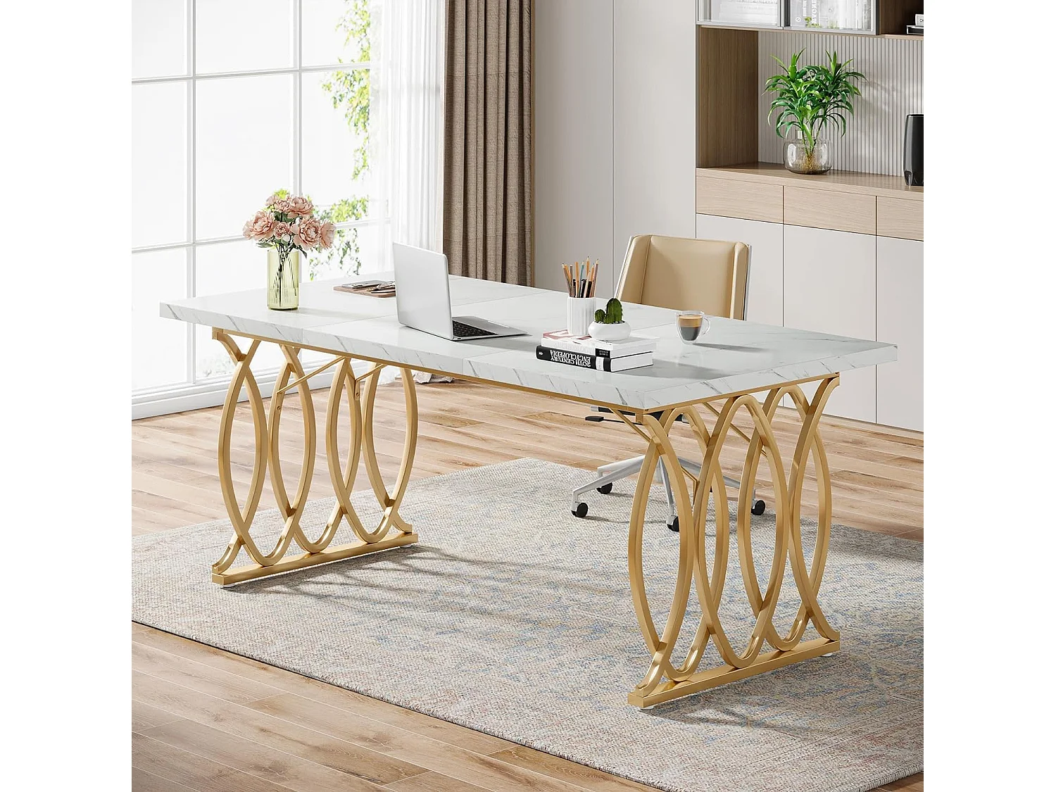 Bureau d'ordinateur, 160 cm Table de Bureau Informatique Table d'Étude Moderne PC Table de Travail Table de Salle à Manger avec Jambes d'or