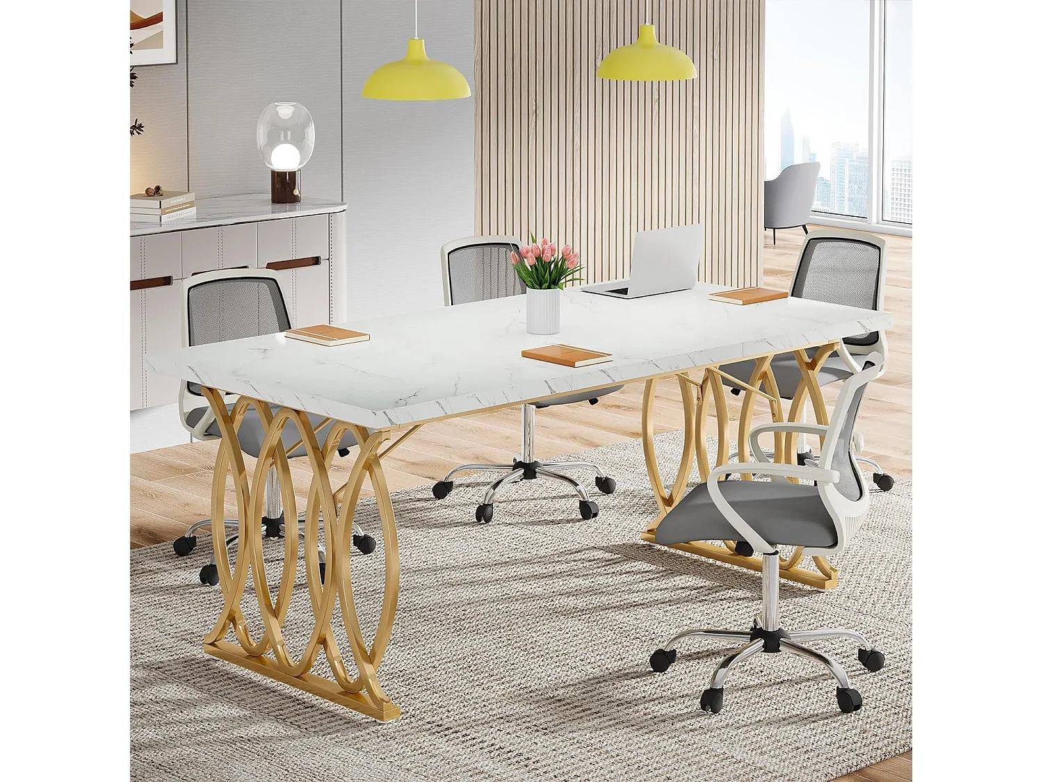 Bureau d'ordinateur, 160 cm Table de Bureau Informatique Table d'Étude Moderne PC Table de Travail Table de Salle à Manger avec Jambes d'or