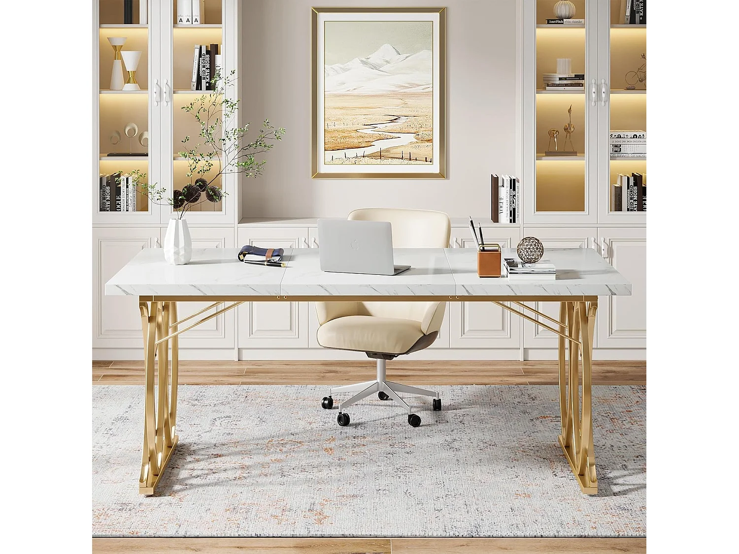 Bureau d'ordinateur, 160 cm Table de Bureau Informatique Table d'Étude Moderne PC Table de Travail Table de Salle à Manger avec Jambes d'or