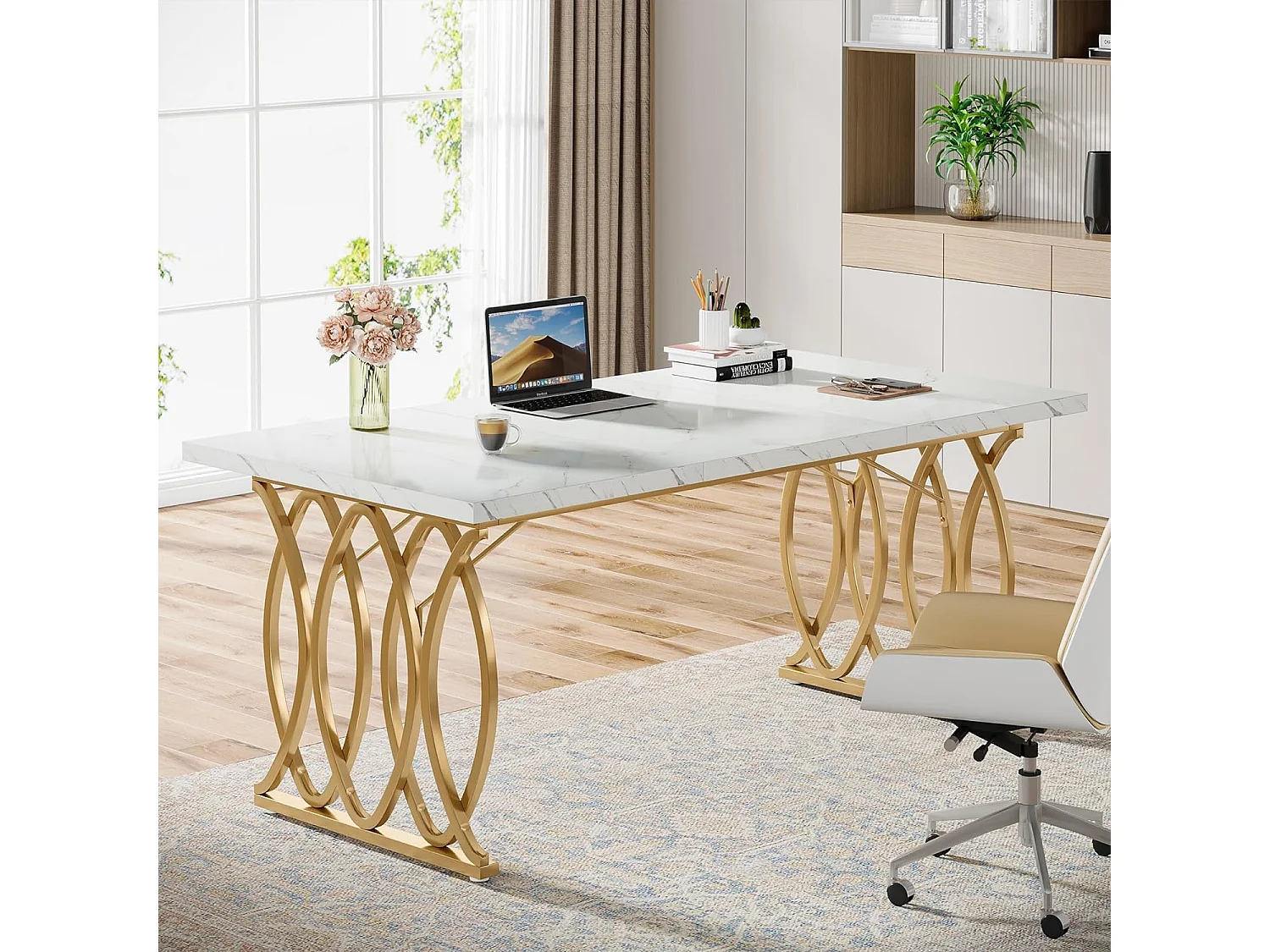 Scrivania per computer, tavolo da studio moderno da 160 cm, postazione di lavoro per PC, tavolo da pranzo con gambe dorate