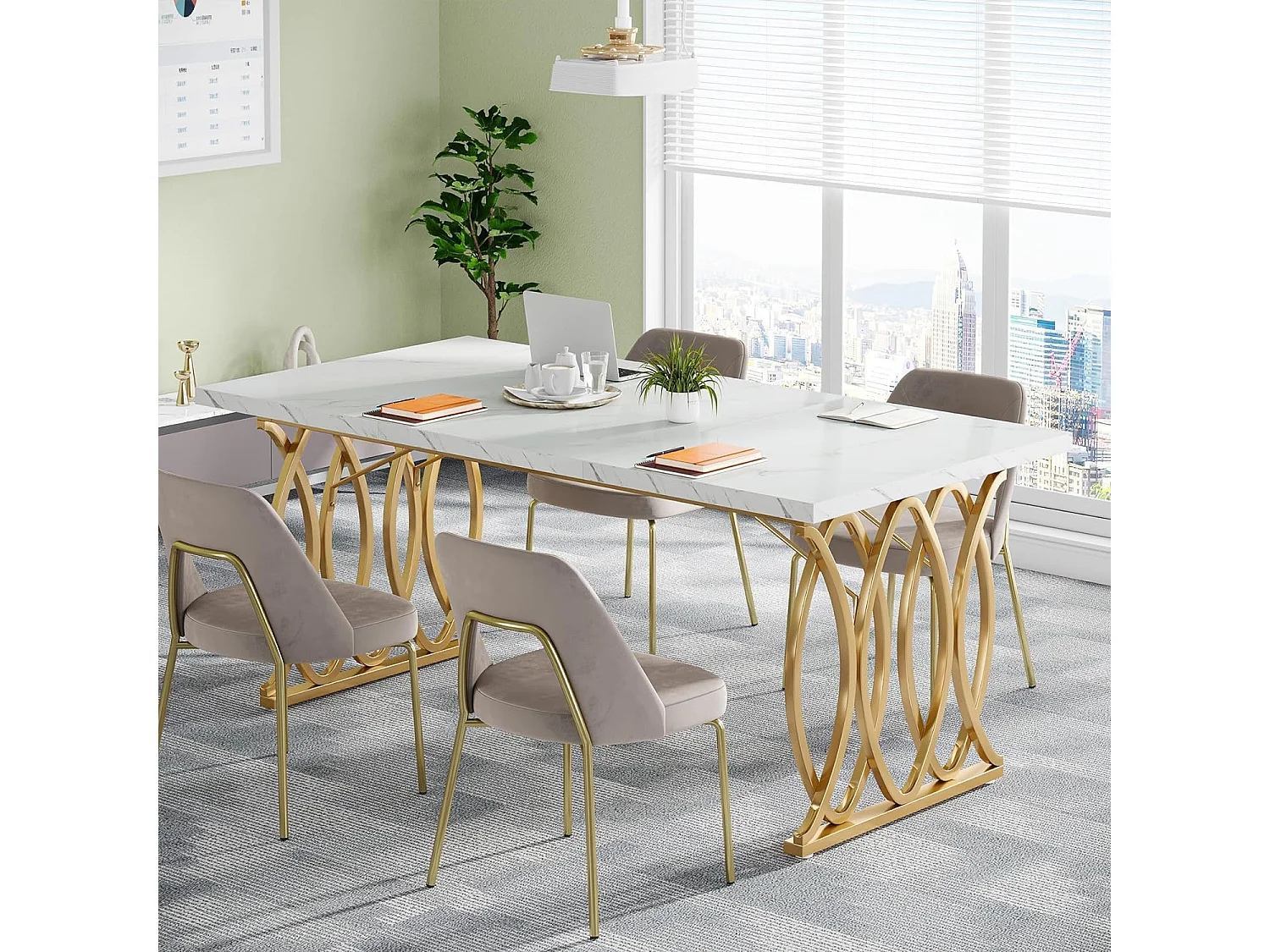 Scrivania per computer, tavolo da studio moderno da 160 cm, postazione di lavoro per PC, tavolo da pranzo con gambe dorate