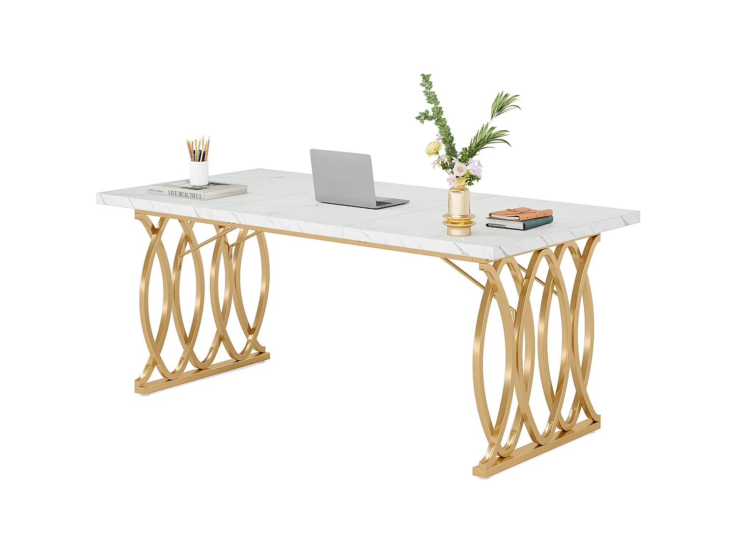 Bureau d'ordinateur, 160 cm Table de Bureau Informatique Table d'Étude Moderne PC Table de Travail Table de Salle à Manger avec Jambes d'or
