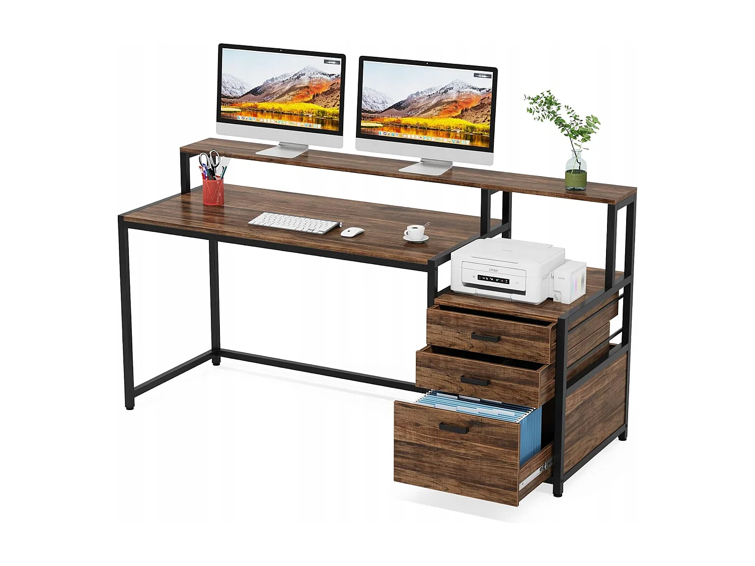 Bureau ergonomique avec tiroirs et support d'écran - 160 x 50 x 90 cm - Bureau ergonomique avec emplacement pour imprimante - Pour bureau à domicile