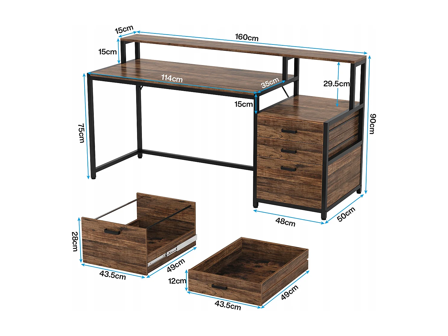 Bureau ergonomique avec tiroirs et support d'écran - 160 x 50 x 90 cm - Bureau ergonomique avec emplacement pour imprimante - Pour bureau à domicile