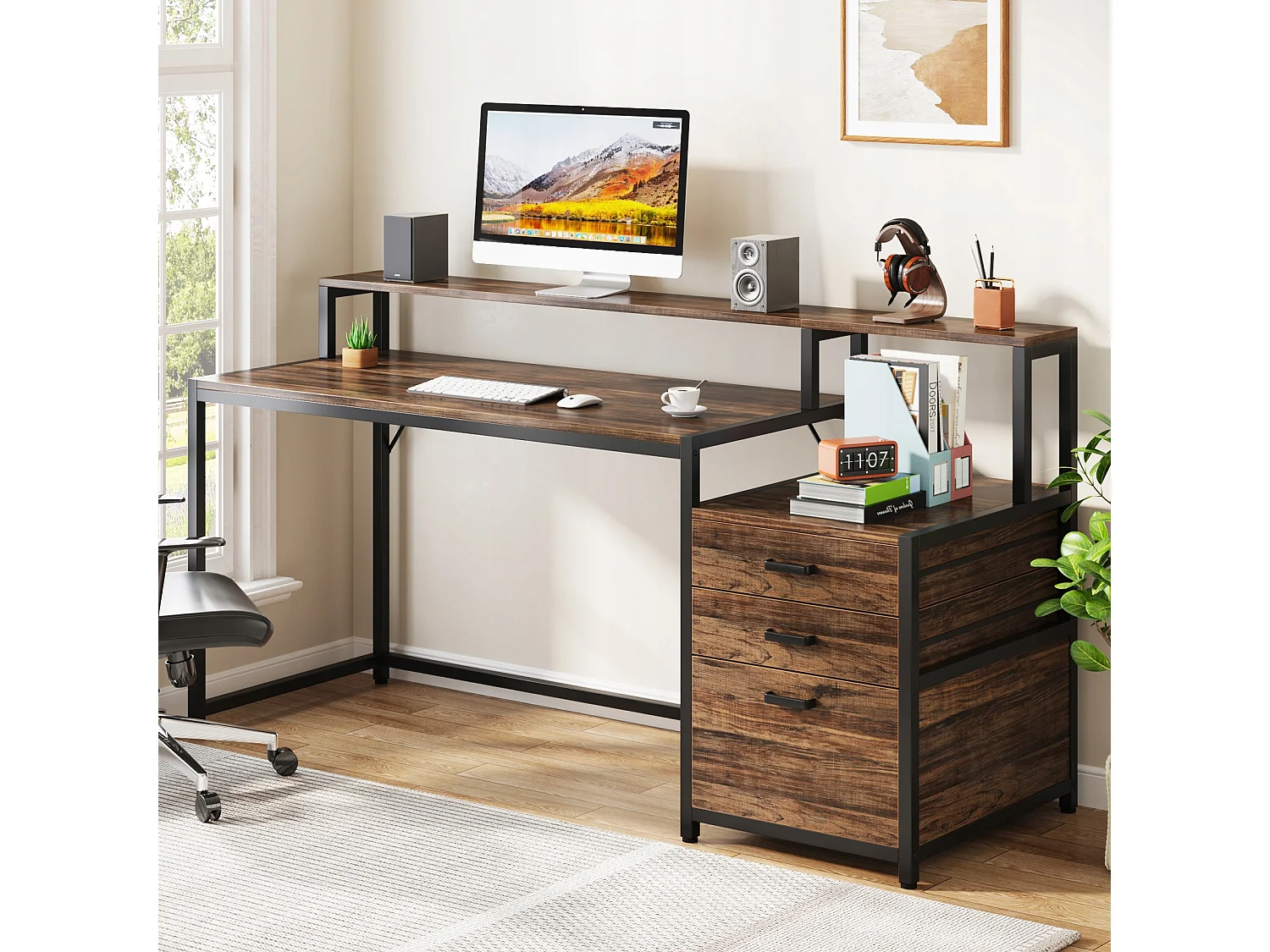 Bureau ergonomique avec tiroirs et support d'écran - 160 x 50 x 90 cm - Bureau ergonomique avec emplacement pour imprimante - Pour bureau à domicile