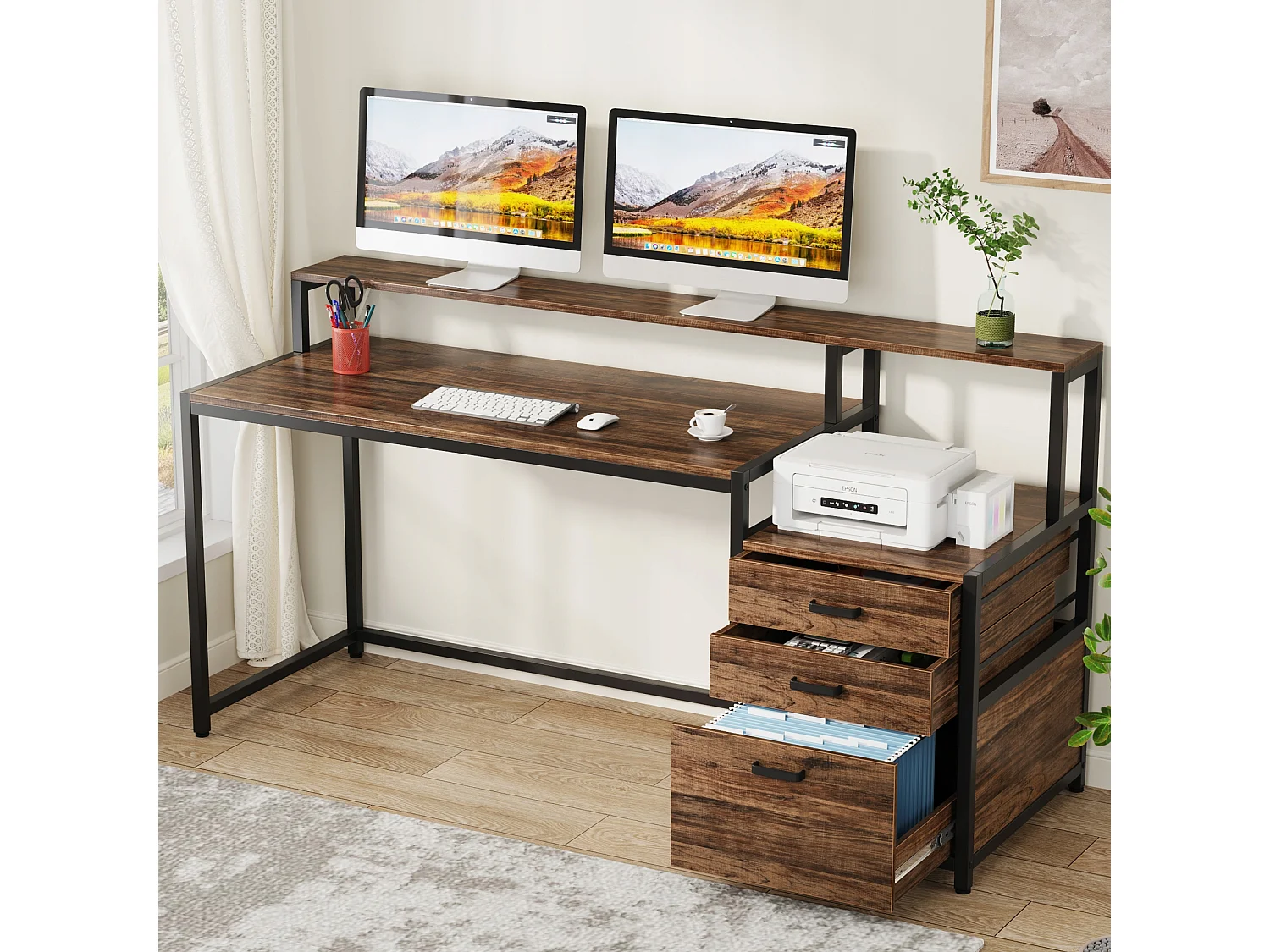 Bureau ergonomique avec tiroirs et support d'écran - 160 x 50 x 90 cm - Bureau ergonomique avec emplacement pour imprimante - Pour bureau à domicile