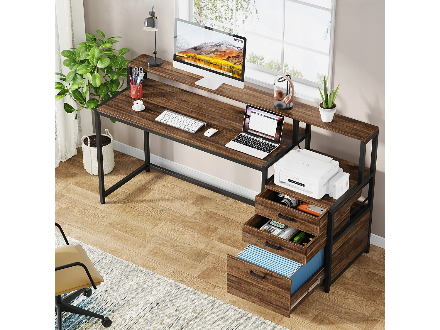 Bureau ergonomique avec tiroirs et support d'écran - 160 x 50 x 90 cm - Bureau ergonomique avec emplacement pour imprimante - Pour bureau à domicile