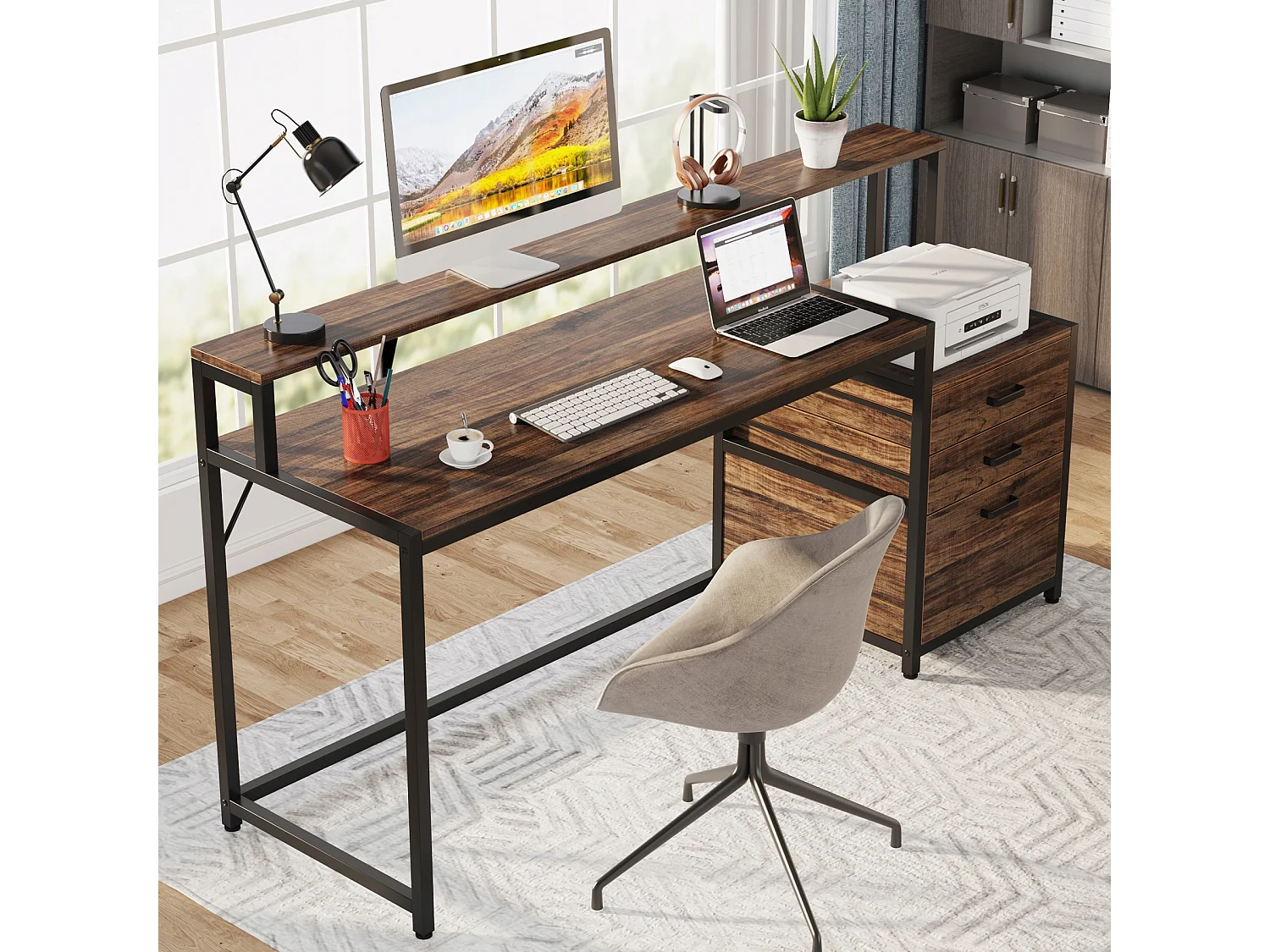 Bureau ergonomique avec tiroirs et support d'écran - 160 x 50 x 90 cm - Bureau ergonomique avec emplacement pour imprimante - Pour bureau à domicile