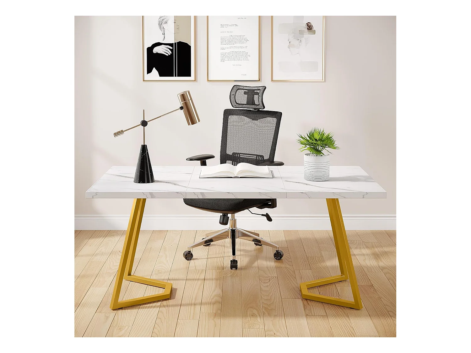 Scrivania per computer - 140 x 80 x 75 cm - Tavolo per computer - Tavolo da ufficio - Tavolo da lavoro - Tavolo da ufficio - Bianco e oro