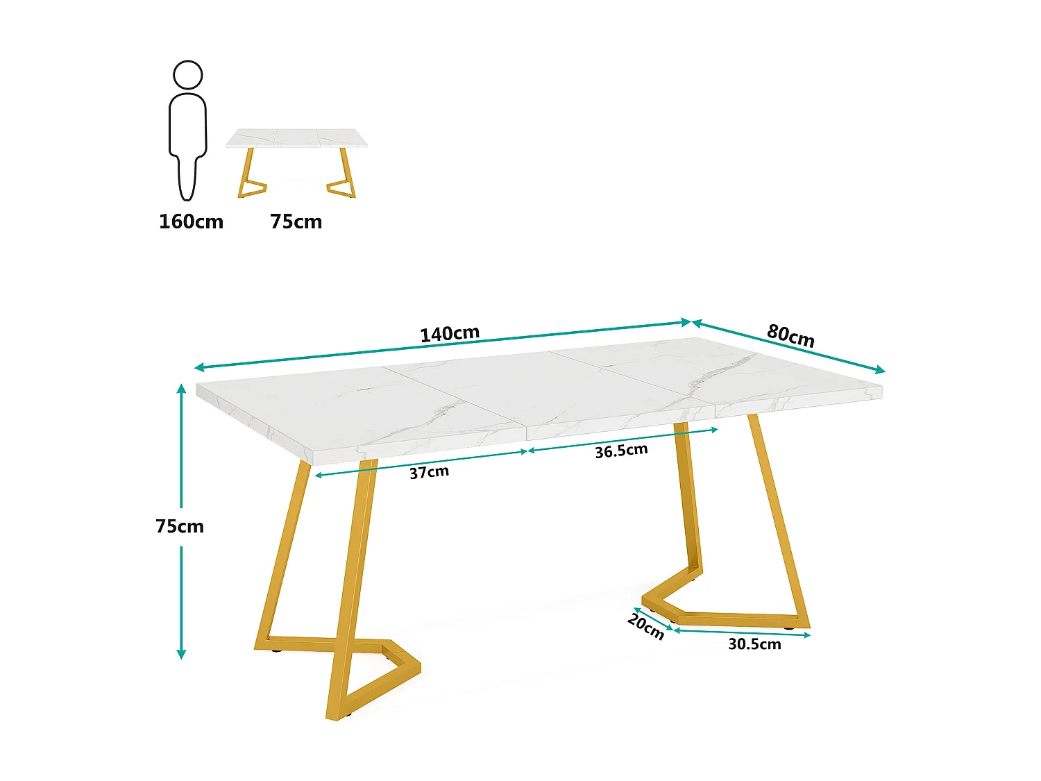 Escrivaninha para computador - 140 x 80 x 75 cm - Mesa de computador - Mesa de escritório - Mesa de trabalho - Mesa de escritório - Branco e dourado