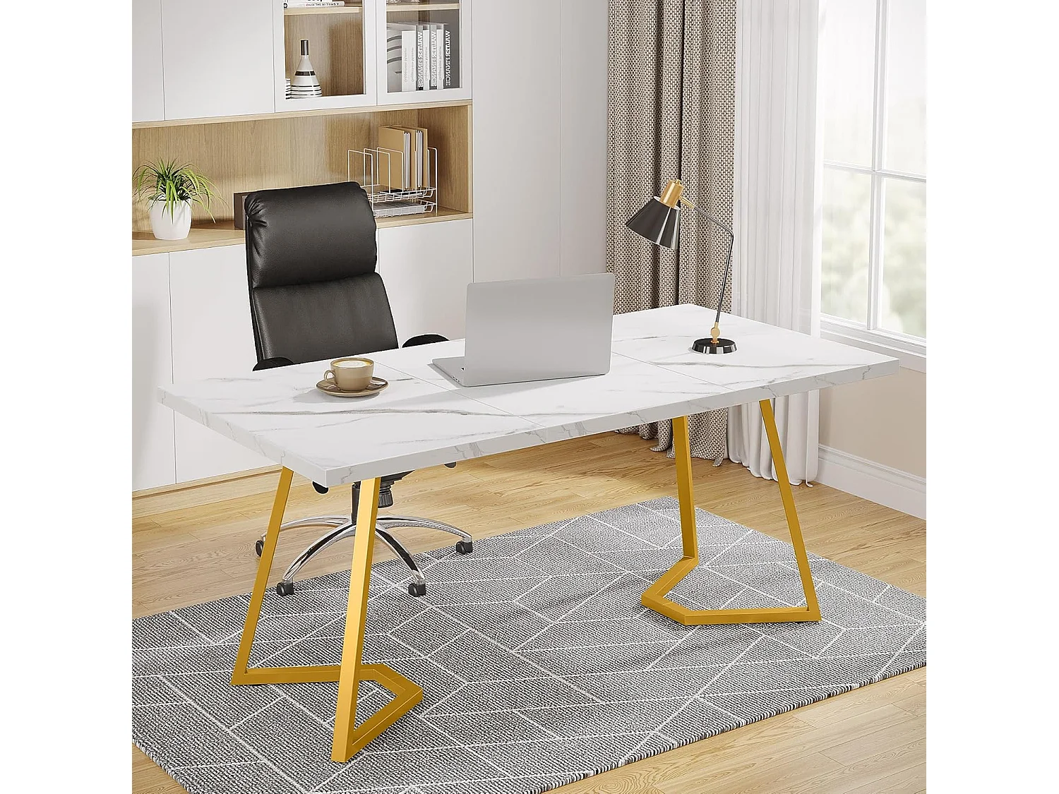 Escrivaninha para computador - 140 x 80 x 75 cm - Mesa de computador - Mesa de escritório - Mesa de trabalho - Mesa de escritório - Branco e dourado