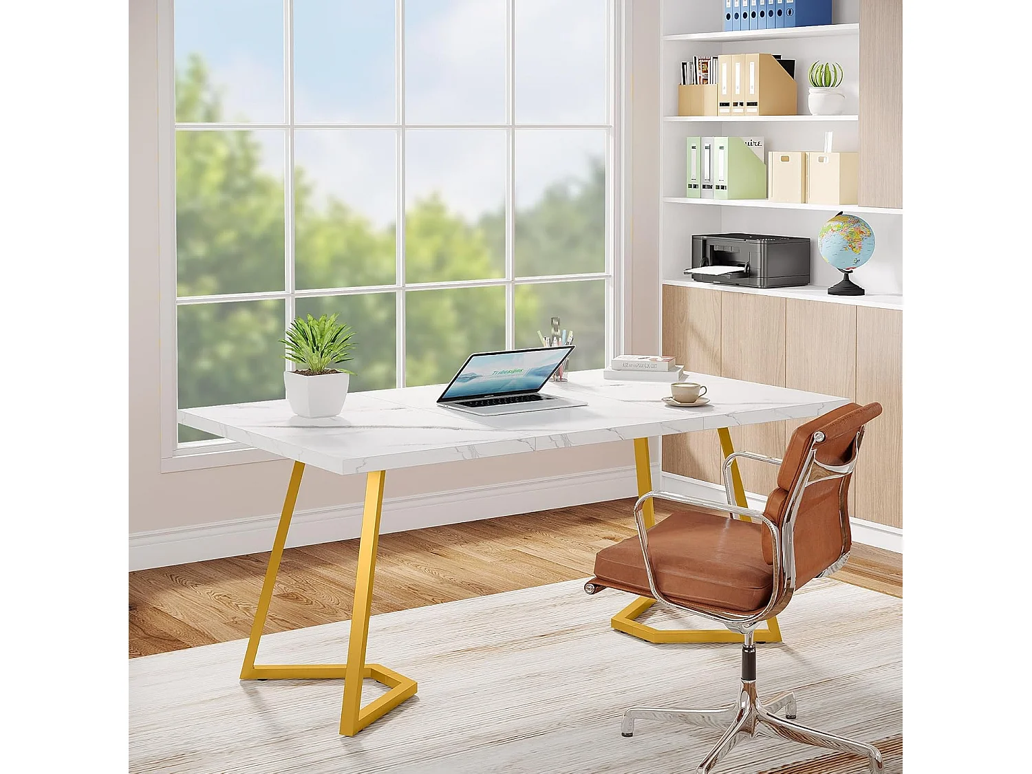 Escrivaninha para computador - 140 x 80 x 75 cm - Mesa de computador - Mesa de escritório - Mesa de trabalho - Mesa de escritório - Branco e dourado