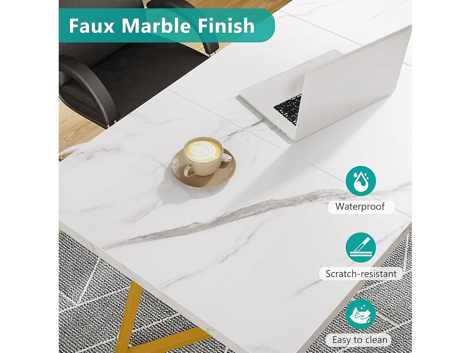 Escrivaninha para computador - 140 x 80 x 75 cm - Mesa de computador - Mesa de escritório - Mesa de trabalho - Mesa de escritório - Branco e dourado