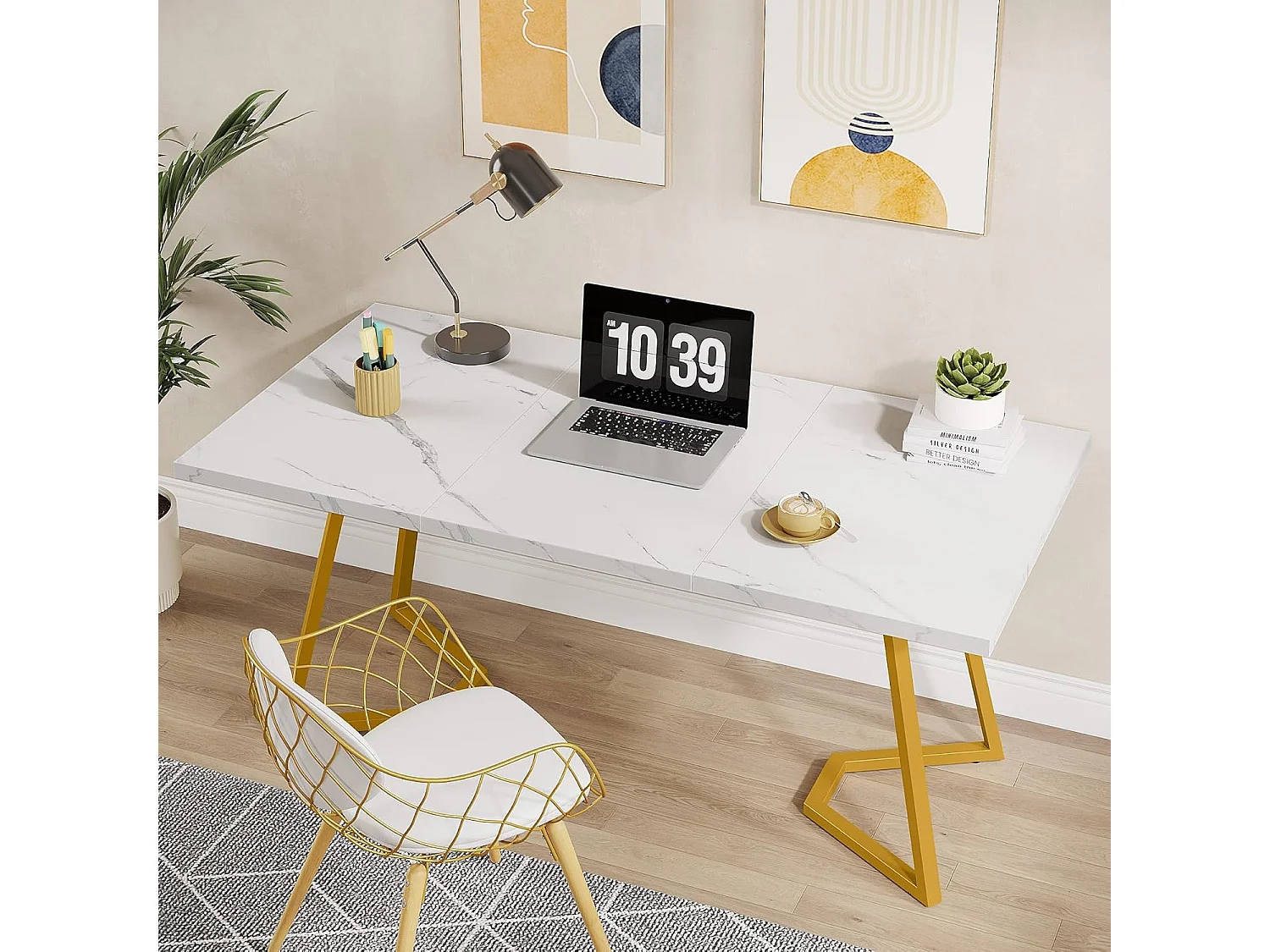 Escrivaninha para computador - 140 x 80 x 75 cm - Mesa de computador - Mesa de escritório - Mesa de trabalho - Mesa de escritório - Branco e dourado