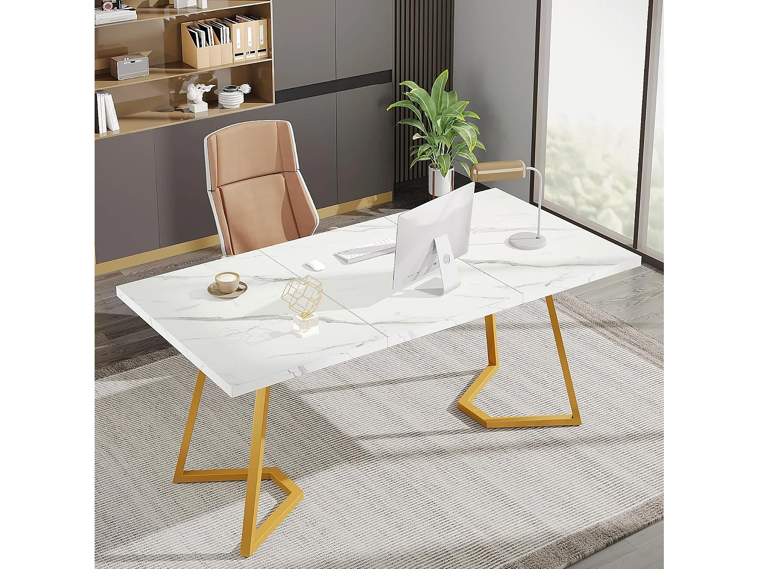 Escrivaninha para computador - 140 x 80 x 75 cm - Mesa de computador - Mesa de escritório - Mesa de trabalho - Mesa de escritório - Branco e dourado