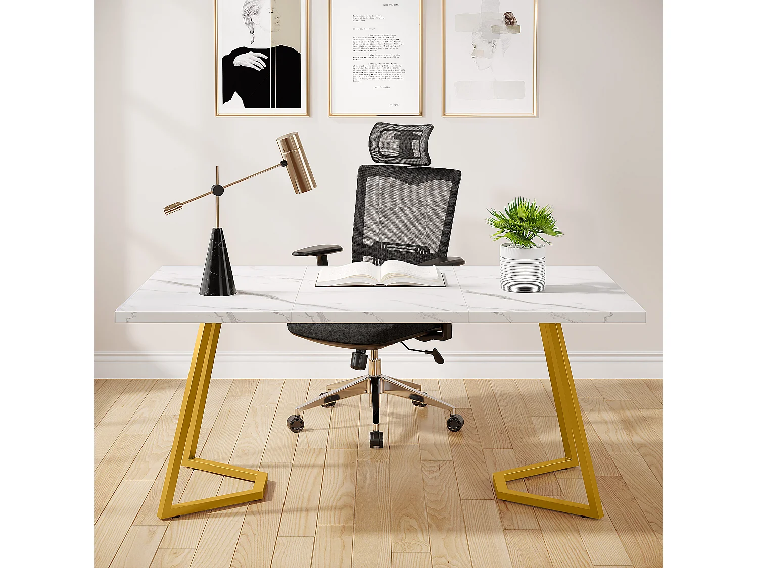 Scrivania per computer - 140 x 80 x 75 cm - Tavolo per computer - Tavolo da ufficio - Tavolo da lavoro - Tavolo da ufficio - Bianco e oro