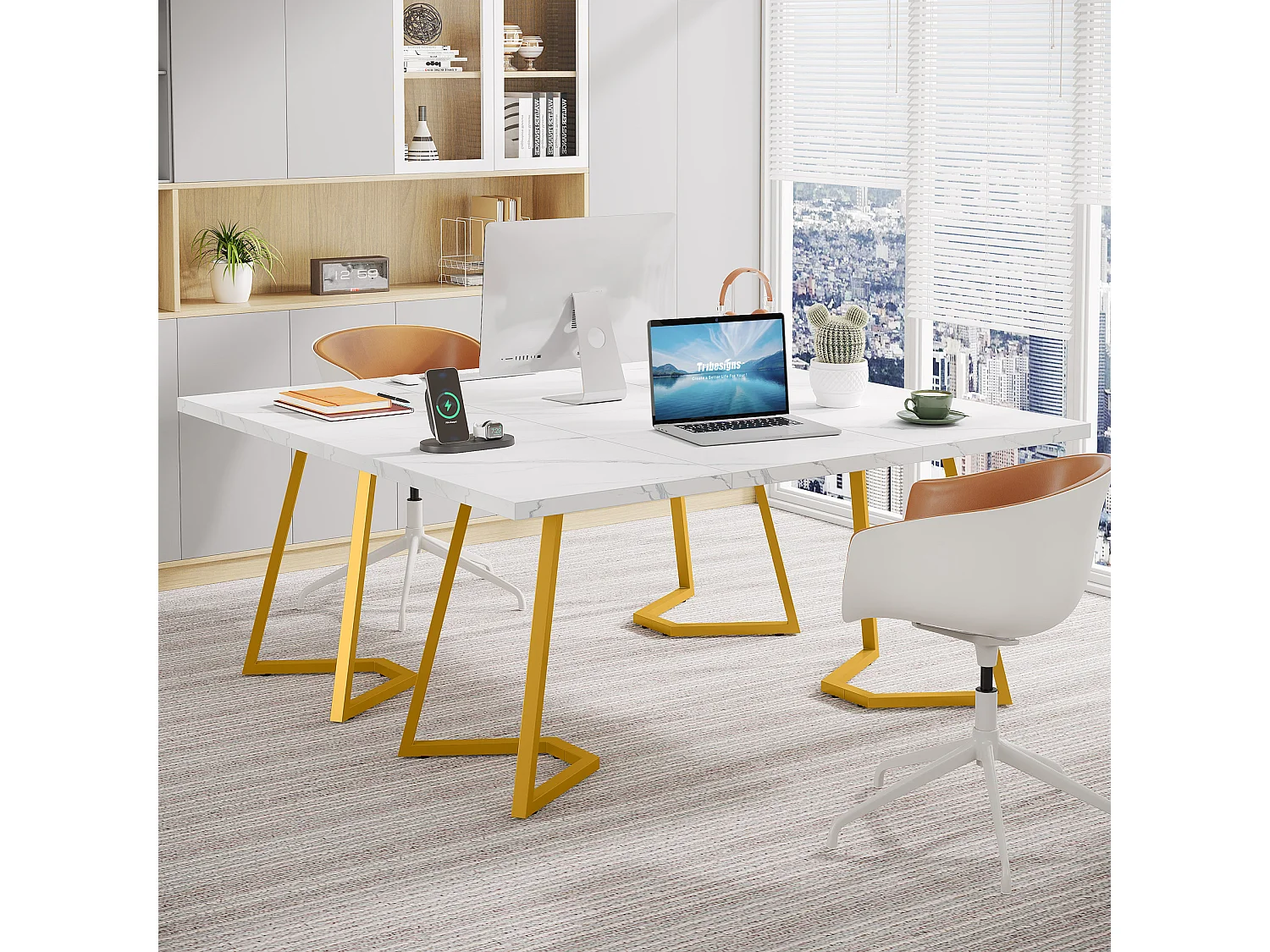 Scrivania per computer - 140 x 80 x 75 cm - Tavolo per computer - Tavolo da ufficio - Tavolo da lavoro - Tavolo da ufficio - Bianco e oro
