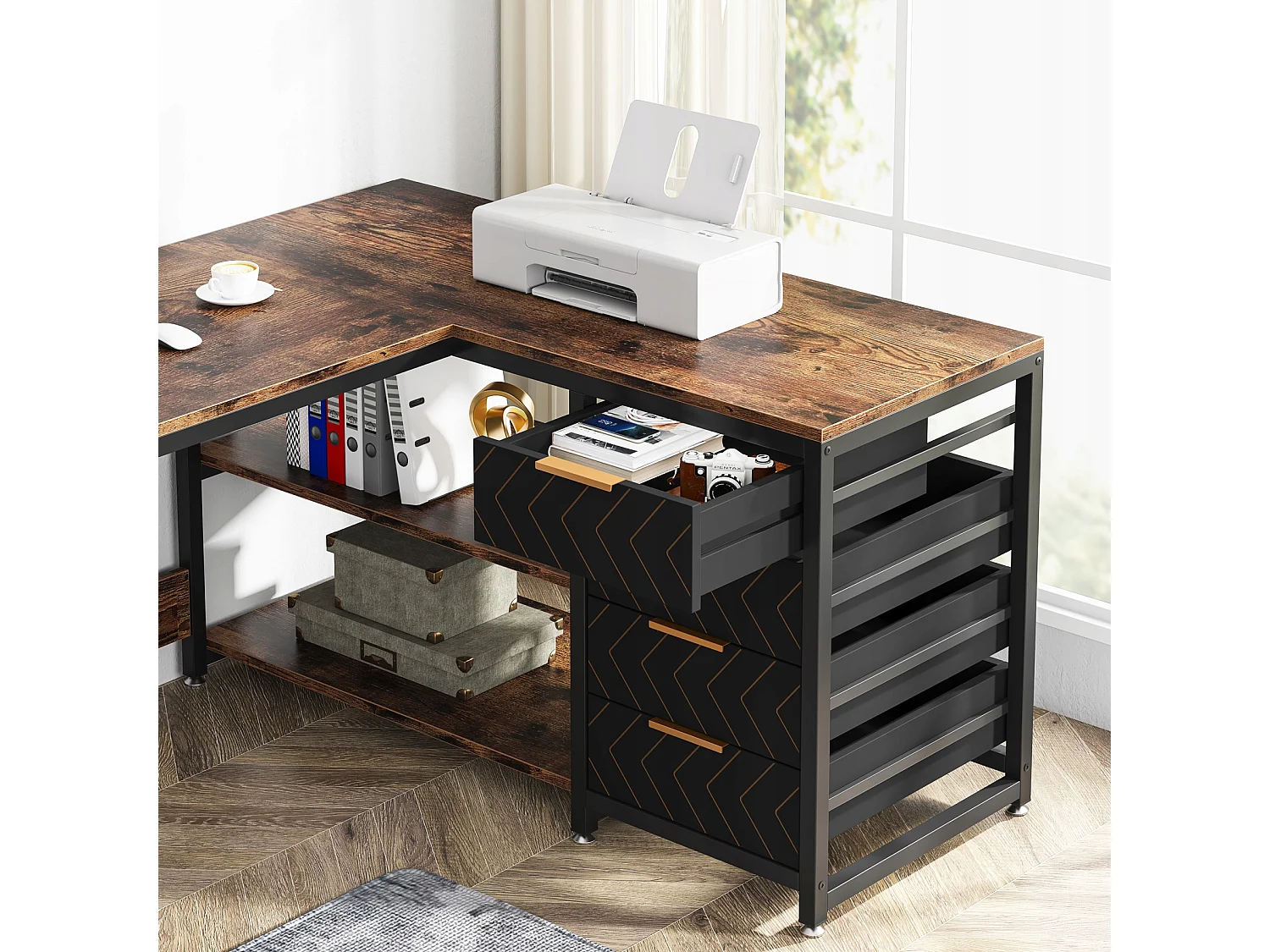 Bureau d'angle en Forme de L avec étagères, réversible, en Forme de L, avec Support D'écran et étagères (Marron Noir)