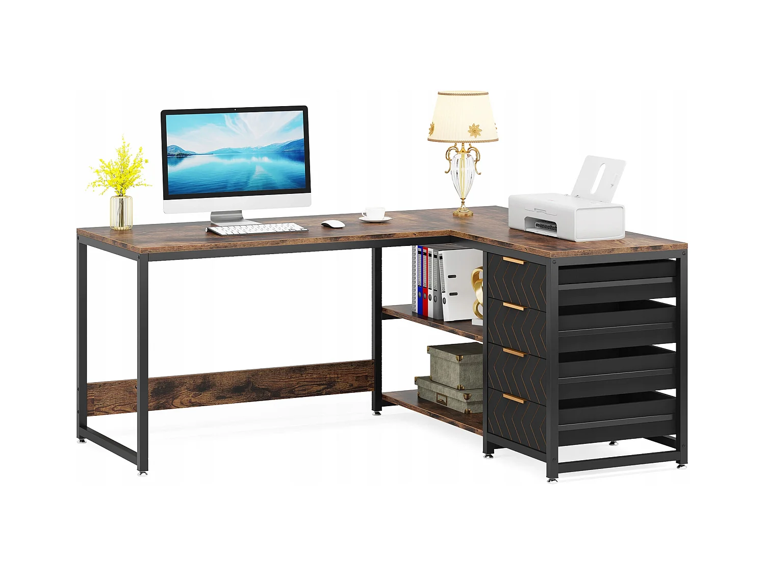 Escritorio en forma de L con estantes, reversible, en forma de L, con soporte para pantalla y estantes (Marrón negro)