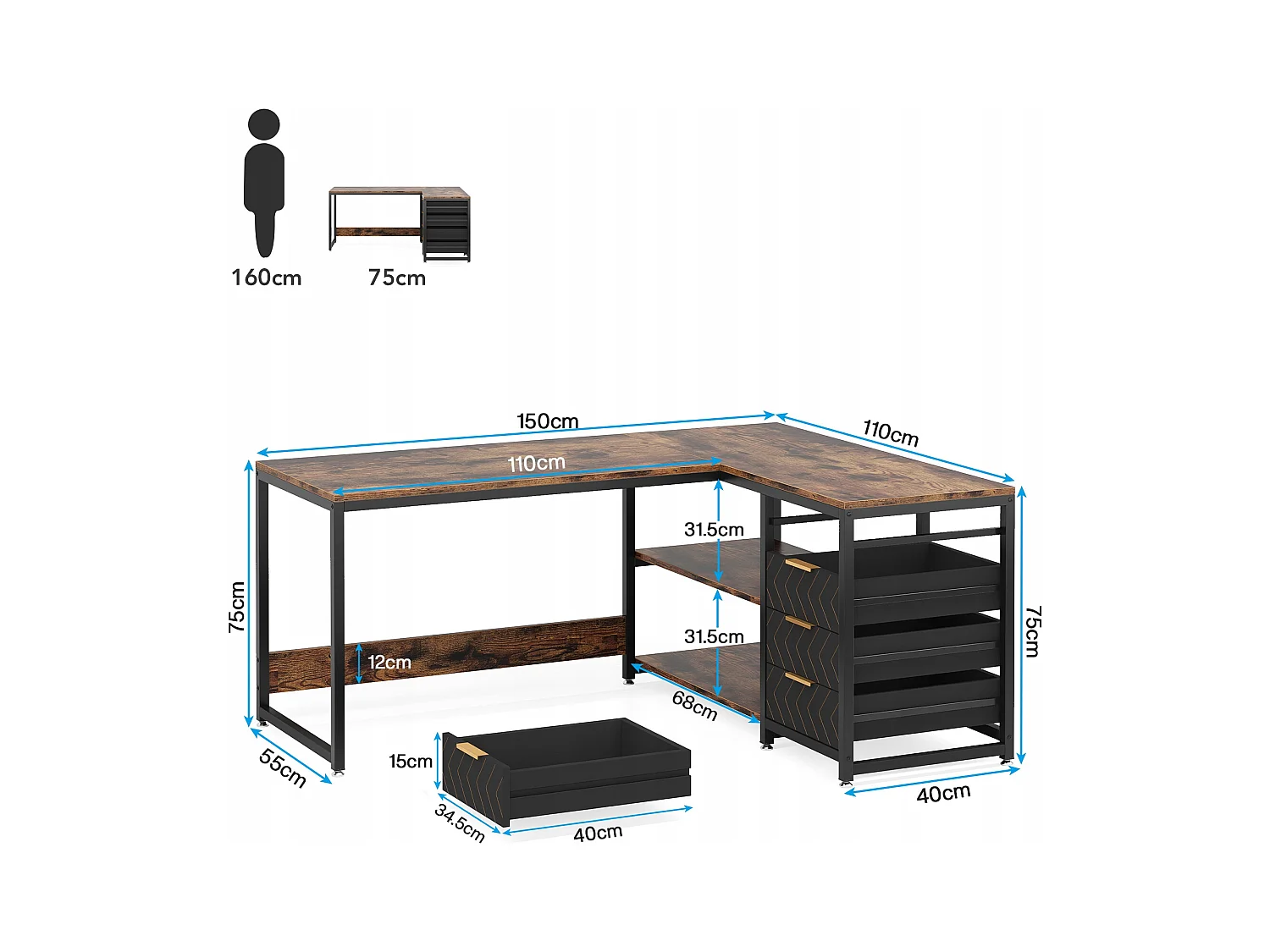 Escritorio en forma de L con estantes, reversible, en forma de L, con soporte para pantalla y estantes (Marrón negro)