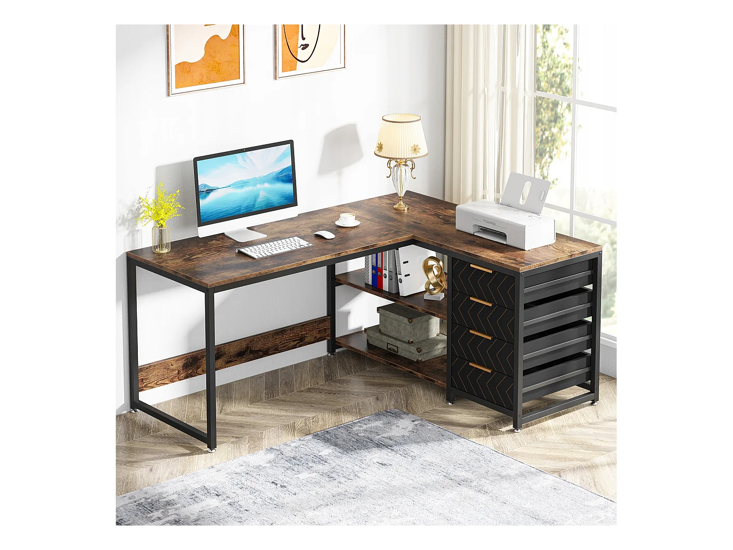 Escritorio en forma de L con estantes, reversible, en forma de L, con soporte para pantalla y estantes (Marrón negro)