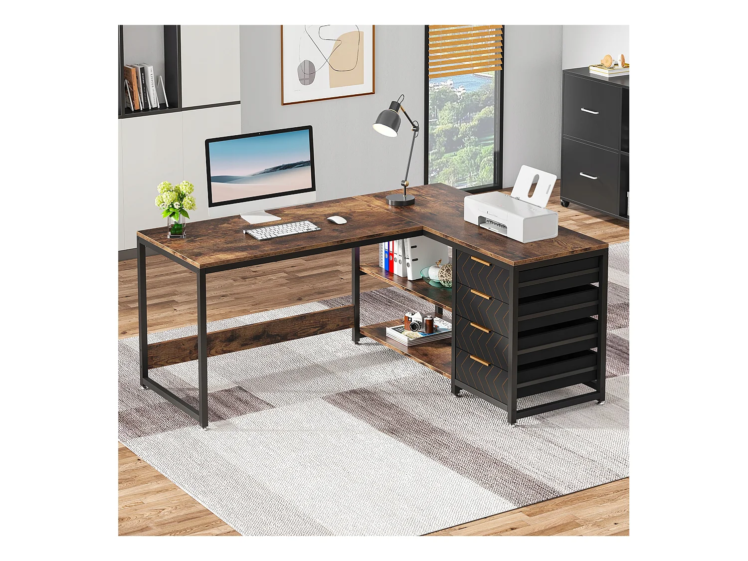 Escritorio en forma de L con estantes, reversible, en forma de L, con soporte para pantalla y estantes (Marrón negro)
