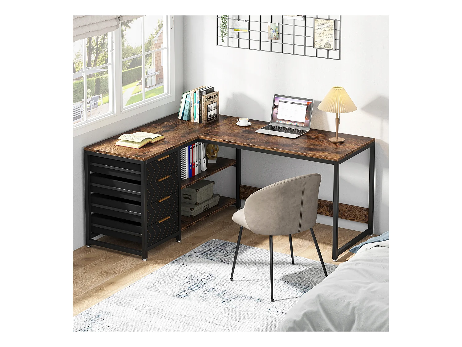 Escritorio en forma de L con estantes, reversible, en forma de L, con soporte para pantalla y estantes (Marrón negro)