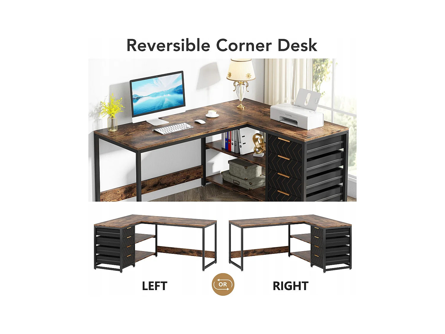 Escritorio en forma de L con estantes, reversible, en forma de L, con soporte para pantalla y estantes (Marrón negro)