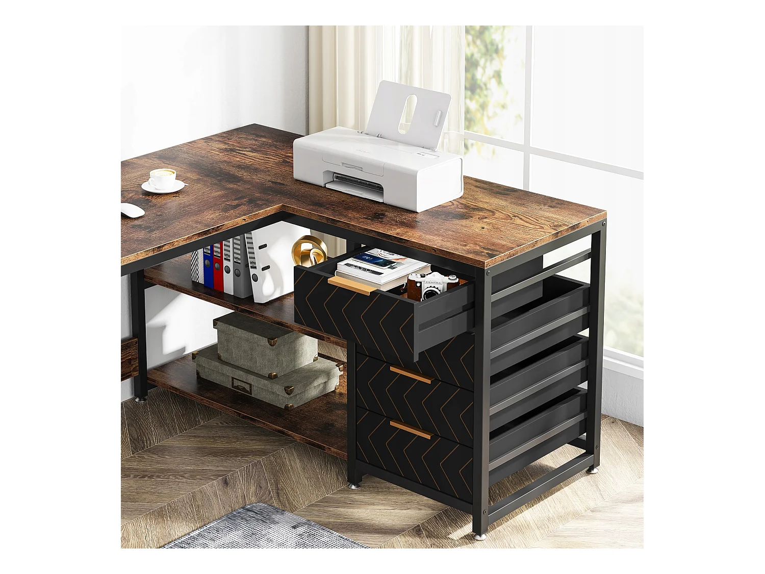 Escritorio en forma de L con estantes, reversible, en forma de L, con soporte para pantalla y estantes (Marrón negro)