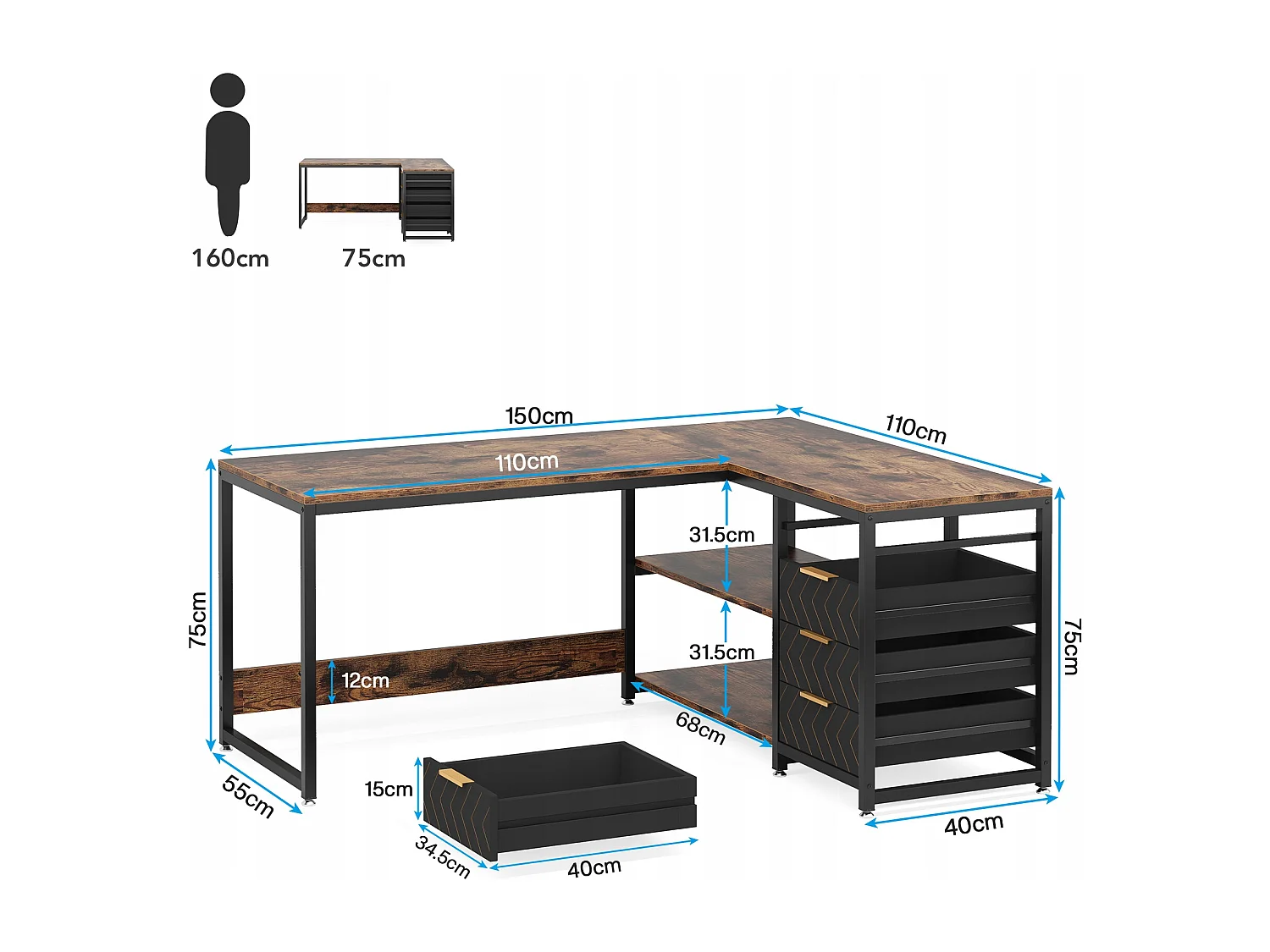 Bureau d'angle en Forme de L avec étagères, réversible, en Forme de L, avec Support D'écran et étagères (Marron Noir)