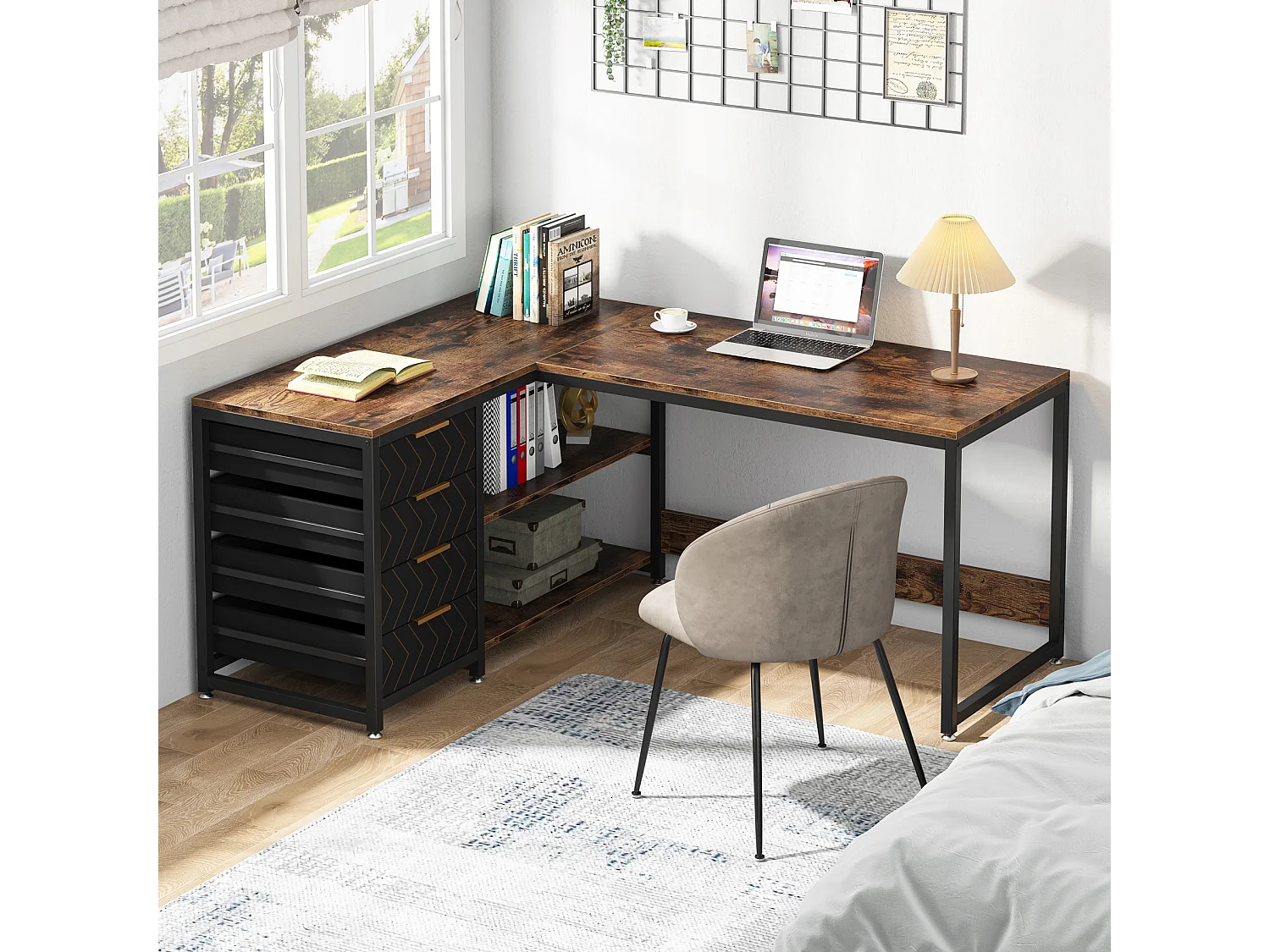 Bureau d'angle en Forme de L avec étagères, réversible, en Forme de L, avec Support D'écran et étagères (Marron Noir)
