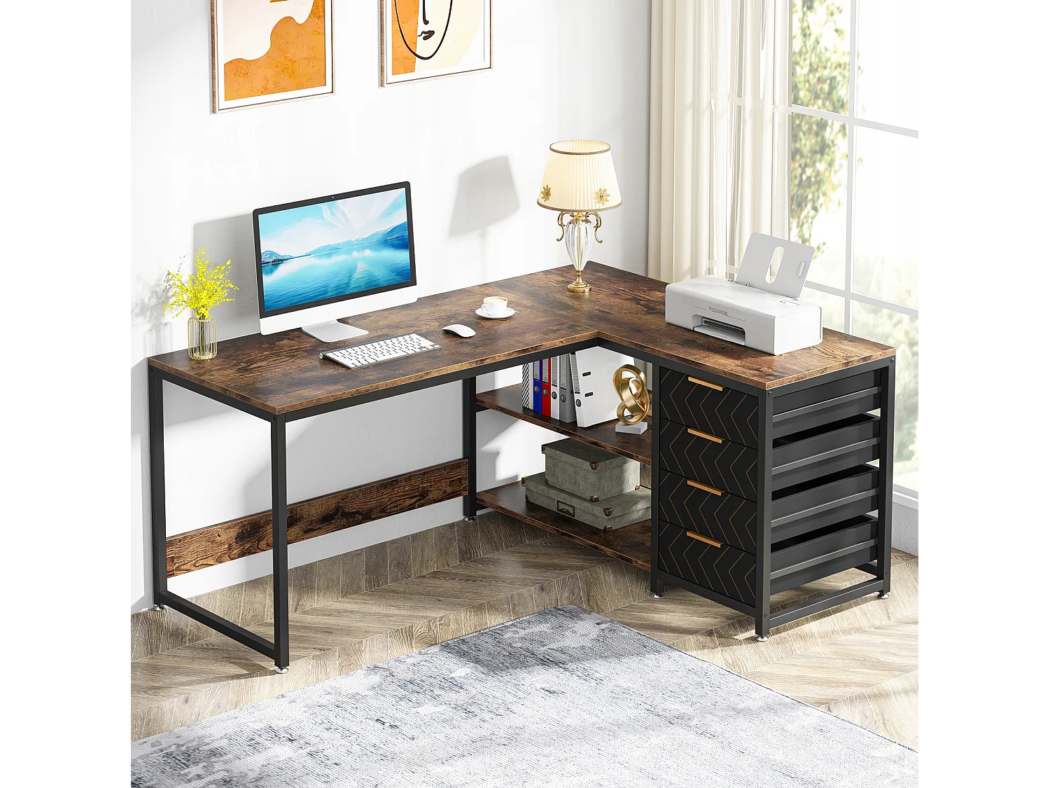 Bureau d'angle en Forme de L avec étagères, réversible, en Forme de L, avec Support D'écran et étagères (Marron Noir)