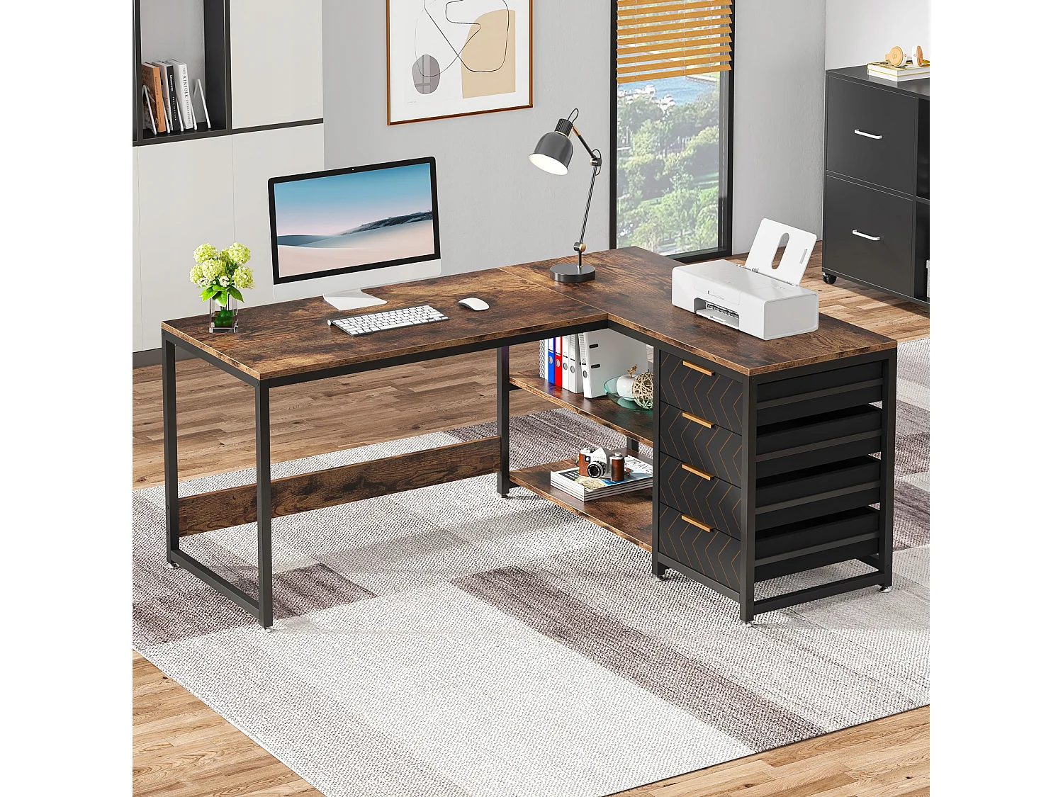 Bureau d'angle en Forme de L avec étagères, réversible, en Forme de L, avec Support D'écran et étagères (Marron Noir)