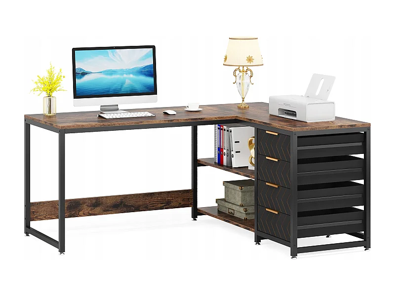 Bureau d'angle en Forme de L avec étagères, réversible, en Forme de L, avec Support D'écran et étagères (Marron Noir)