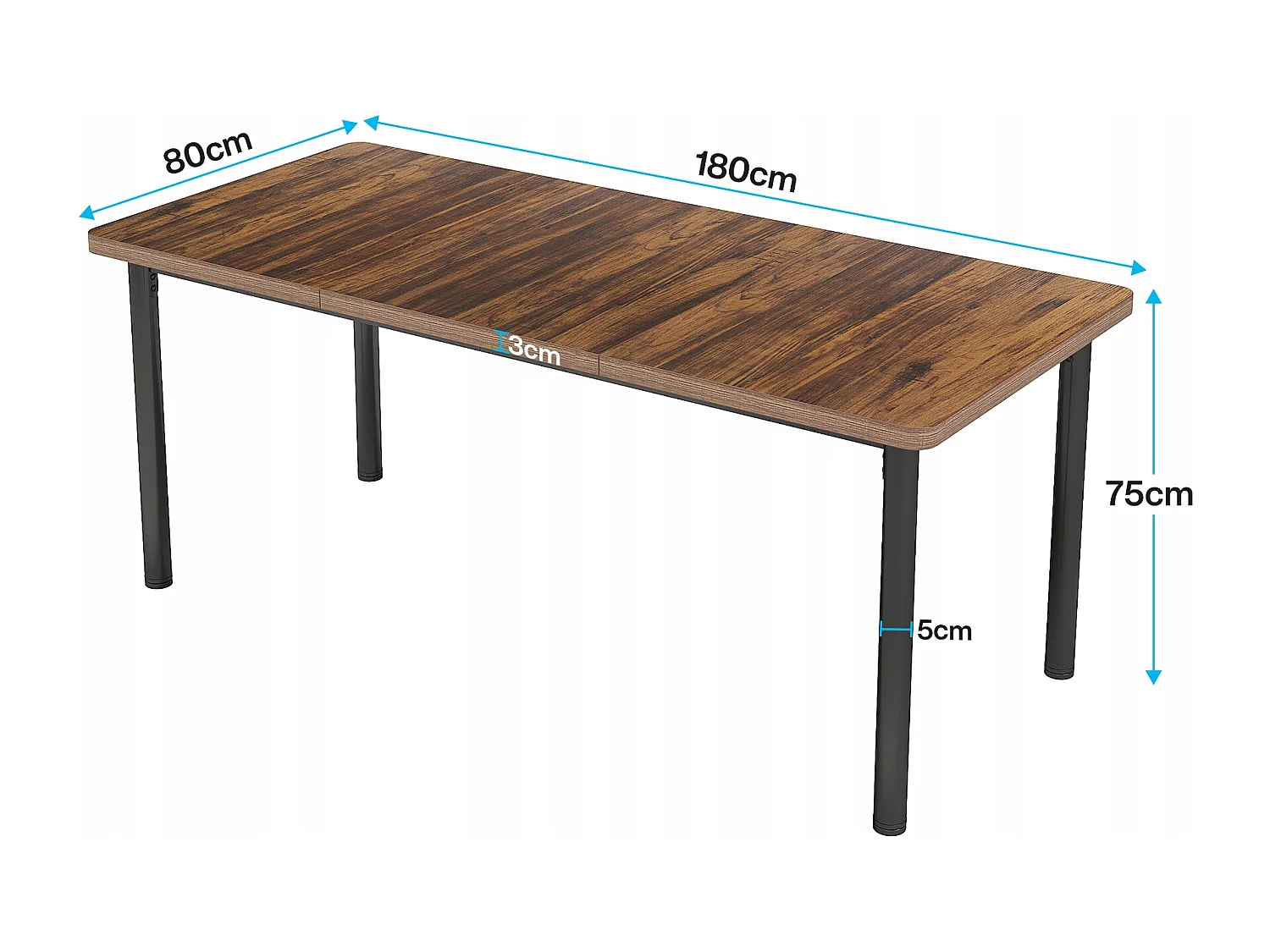 Table à manger de 180 cm avec pieds en métal épais, Grand bureau d'ordinateur, Table de travail pour l'écriture à domicile, le travail, le bureau à domicile, le salon, marron rustique