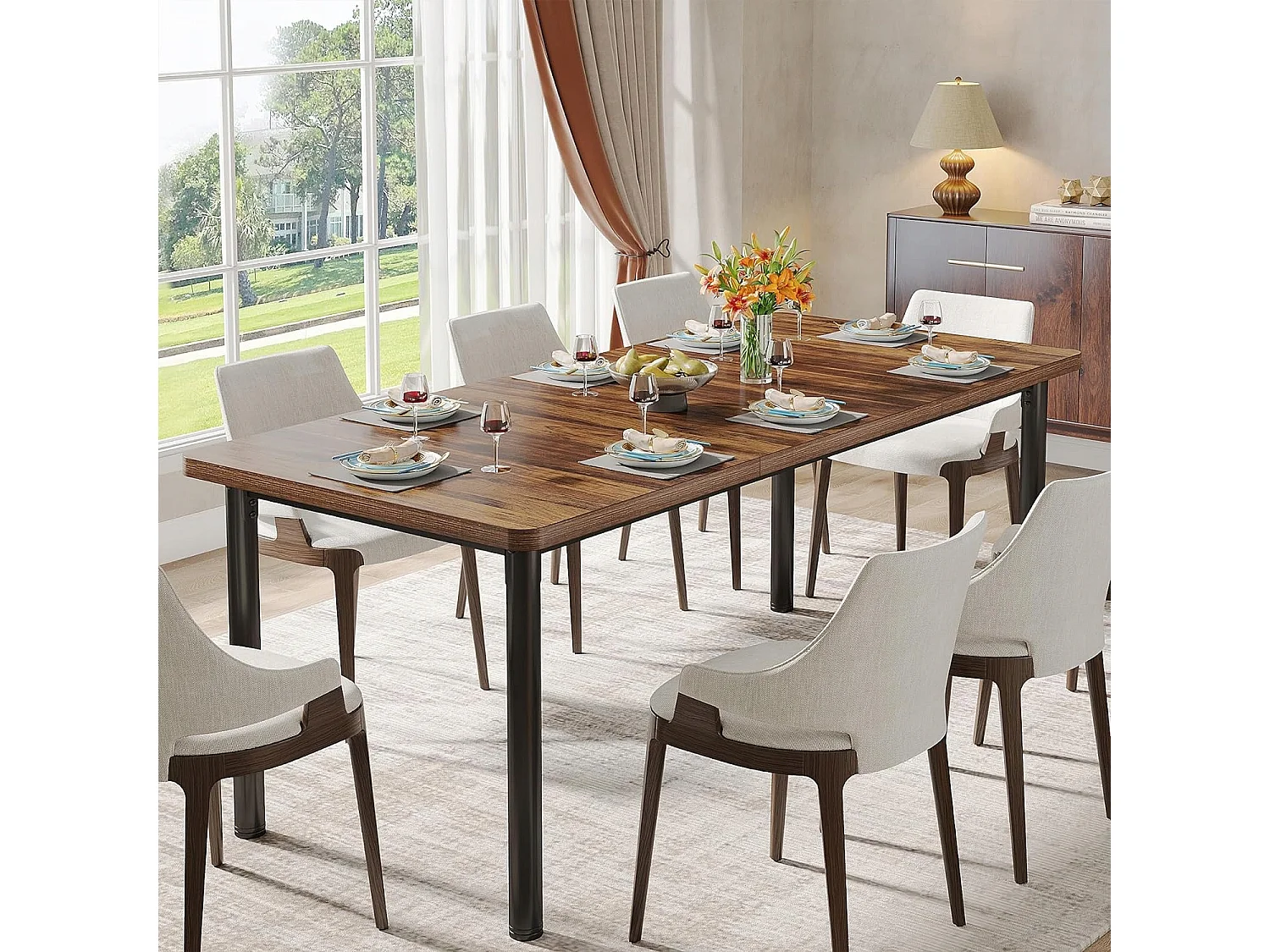 Table à manger de 180 cm avec pieds en métal épais, Grand bureau d'ordinateur, Table de travail pour l'écriture à domicile, le travail, le bureau à domicile, le salon, marron rustique