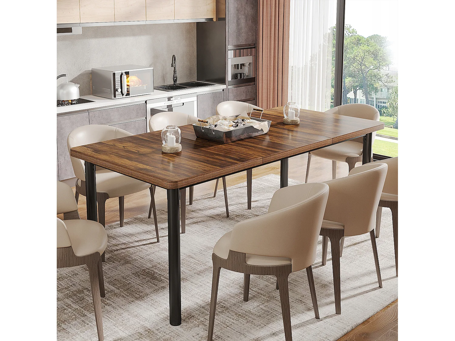 Table à manger de 180 cm avec pieds en métal épais, Grand bureau d'ordinateur, Table de travail pour l'écriture à domicile, le travail, le bureau à domicile, le salon, marron rustique