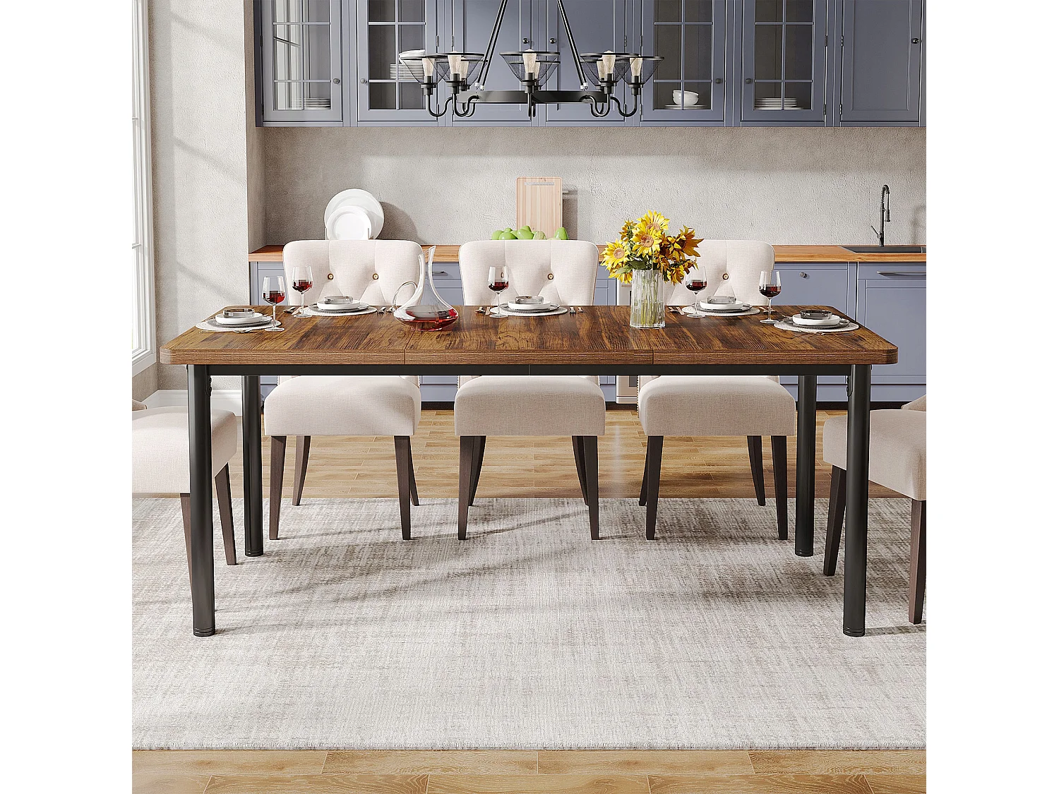 Table à manger de 180 cm avec pieds en métal épais, Grand bureau d'ordinateur, Table de travail pour l'écriture à domicile, le travail, le bureau à domicile, le salon, marron rustique