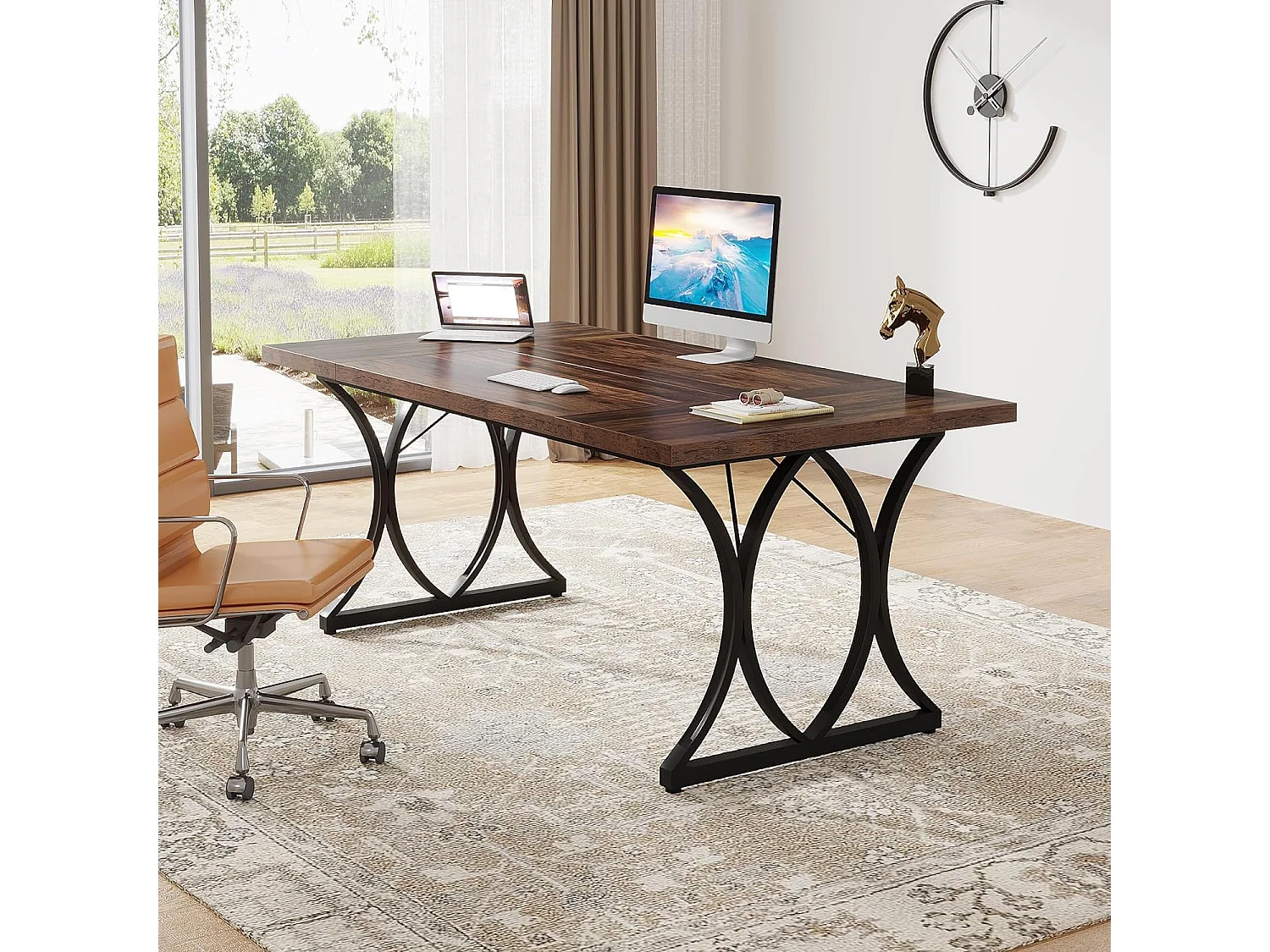 Table à manger de 180 cm avec pieds en métal épais, Grand bureau d'ordinateur, Table de travail pour l'écriture à domicile, le travail, le bureau à domicile, le salon, marron rustique