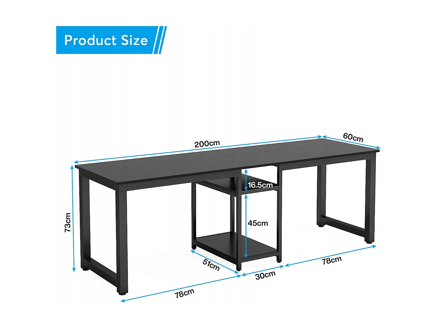 Dubbel bureau 200 cm, extra lang computerbureau met opbergvakken, voor 2 personen, studeertafel, zwart