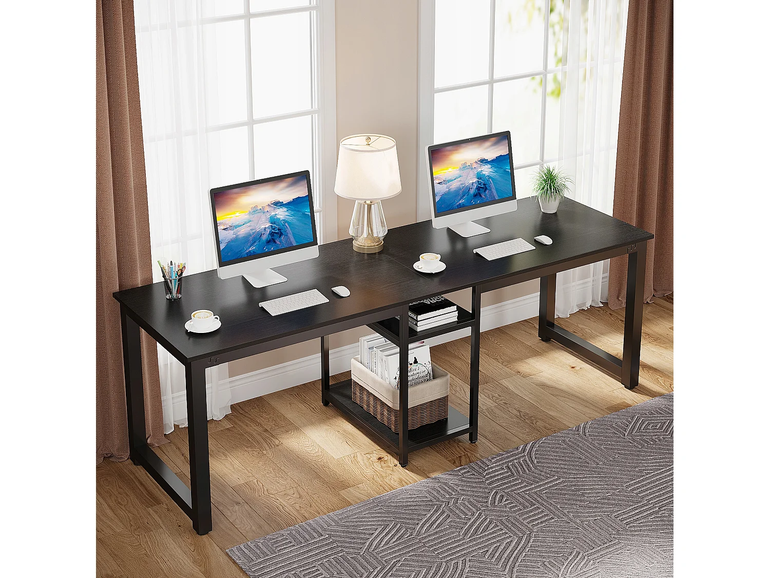 Dubbel bureau 200 cm, extra lang computerbureau met opbergvakken, voor 2 personen, studeertafel, zwart